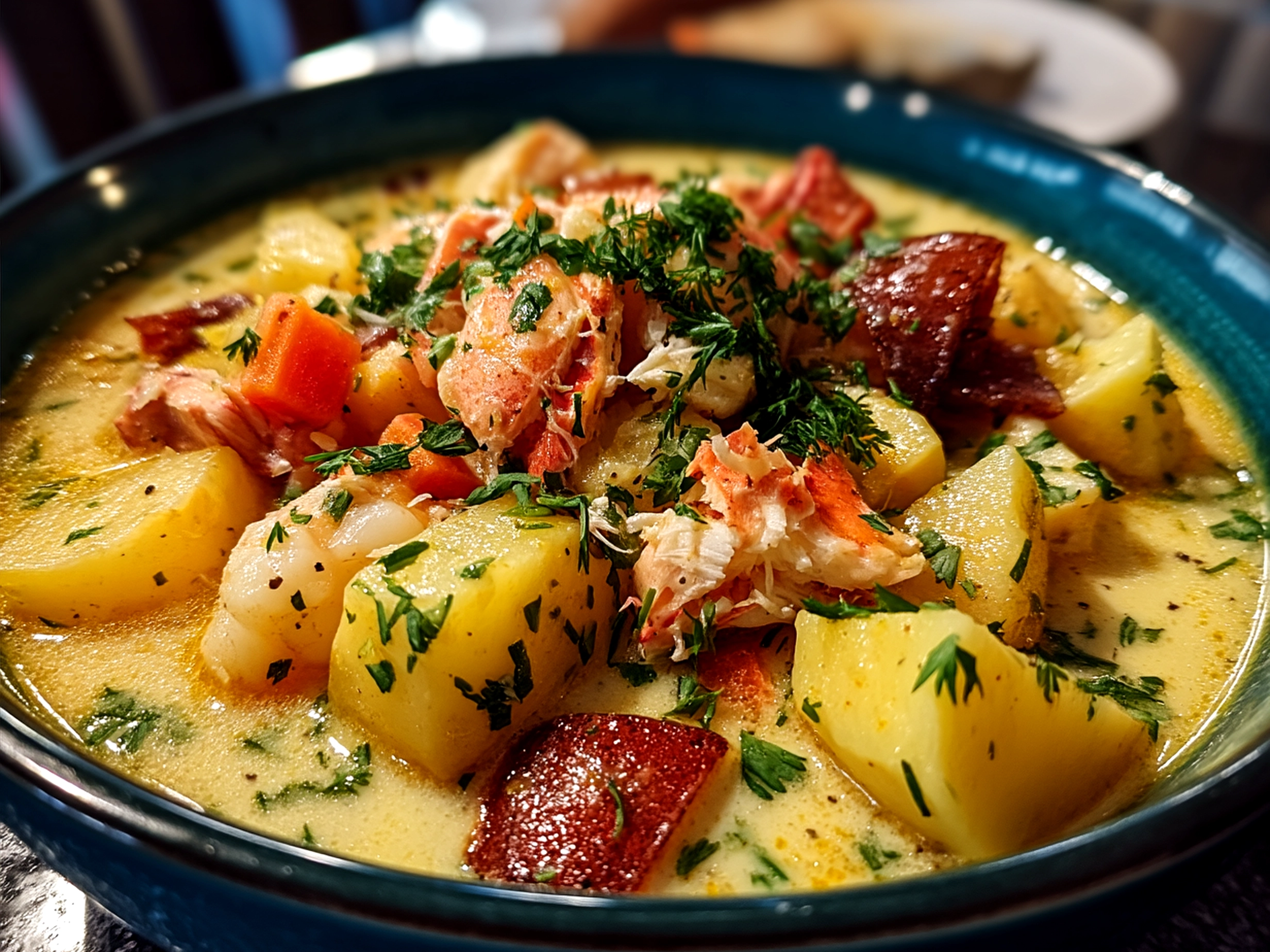Completed Nova Scotia Seafood Chowder served with garnish and bread