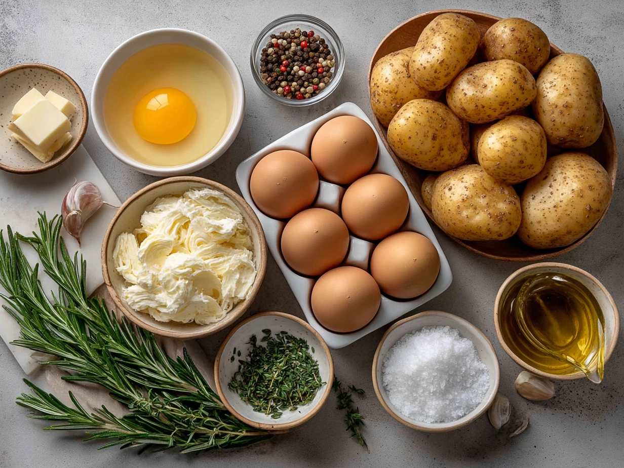 Organized raw ingredients for Potato Soup including potatoes, onions, garlic, broth, milk, sour cream, and seasonings