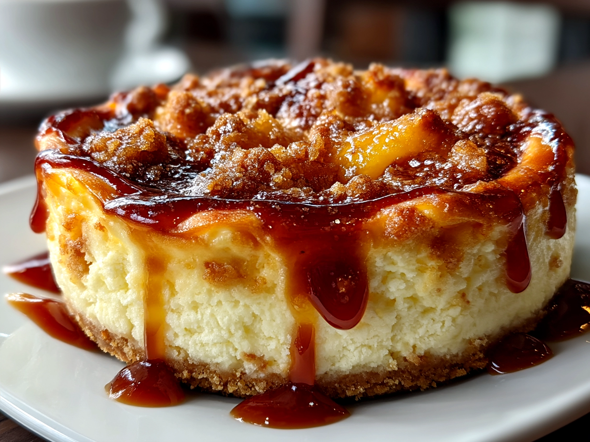 Sliced Peach Cobbler Cheesecake served with whipped cream on a plate