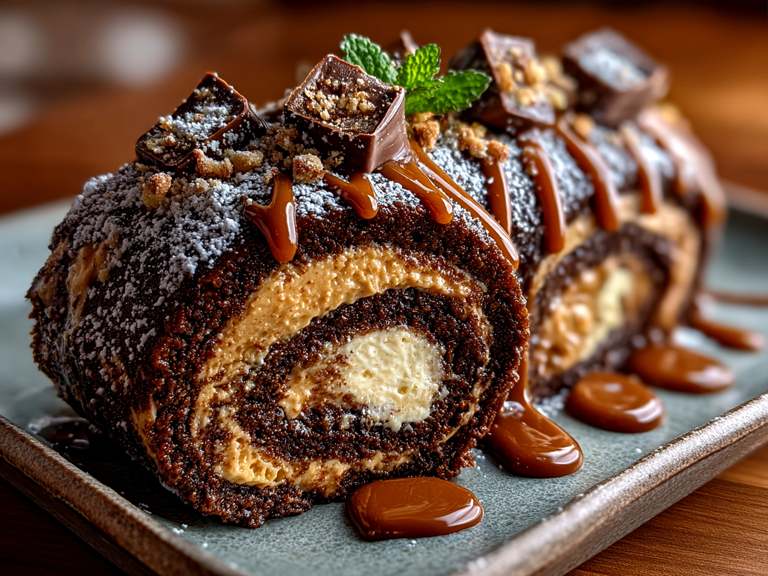 Served slices of Peanut Butter Cup Chocolate Roll ready to enjoy