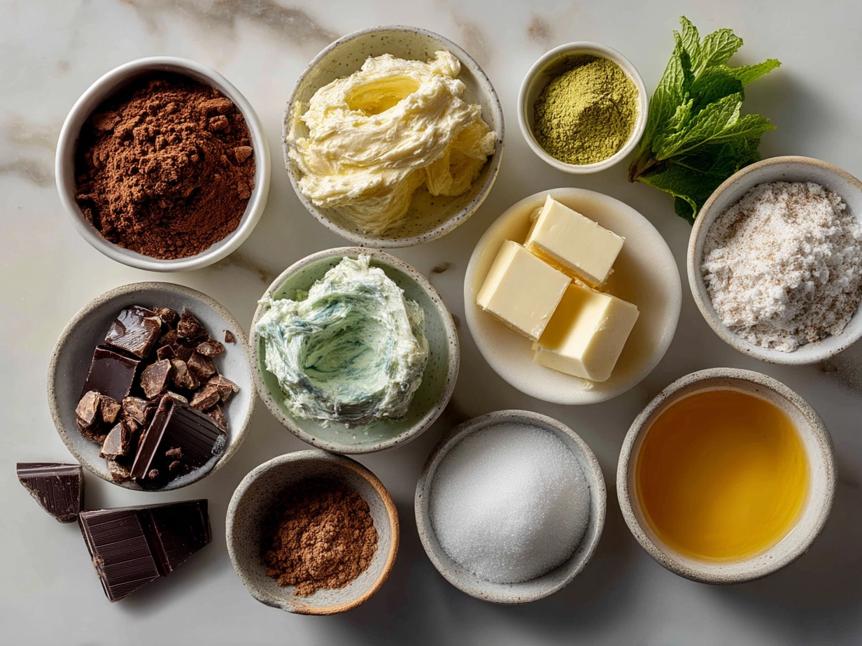Ingredients laid out for making Peppermint Creams including sugar, corn syrup, peppermint extract, and food coloring