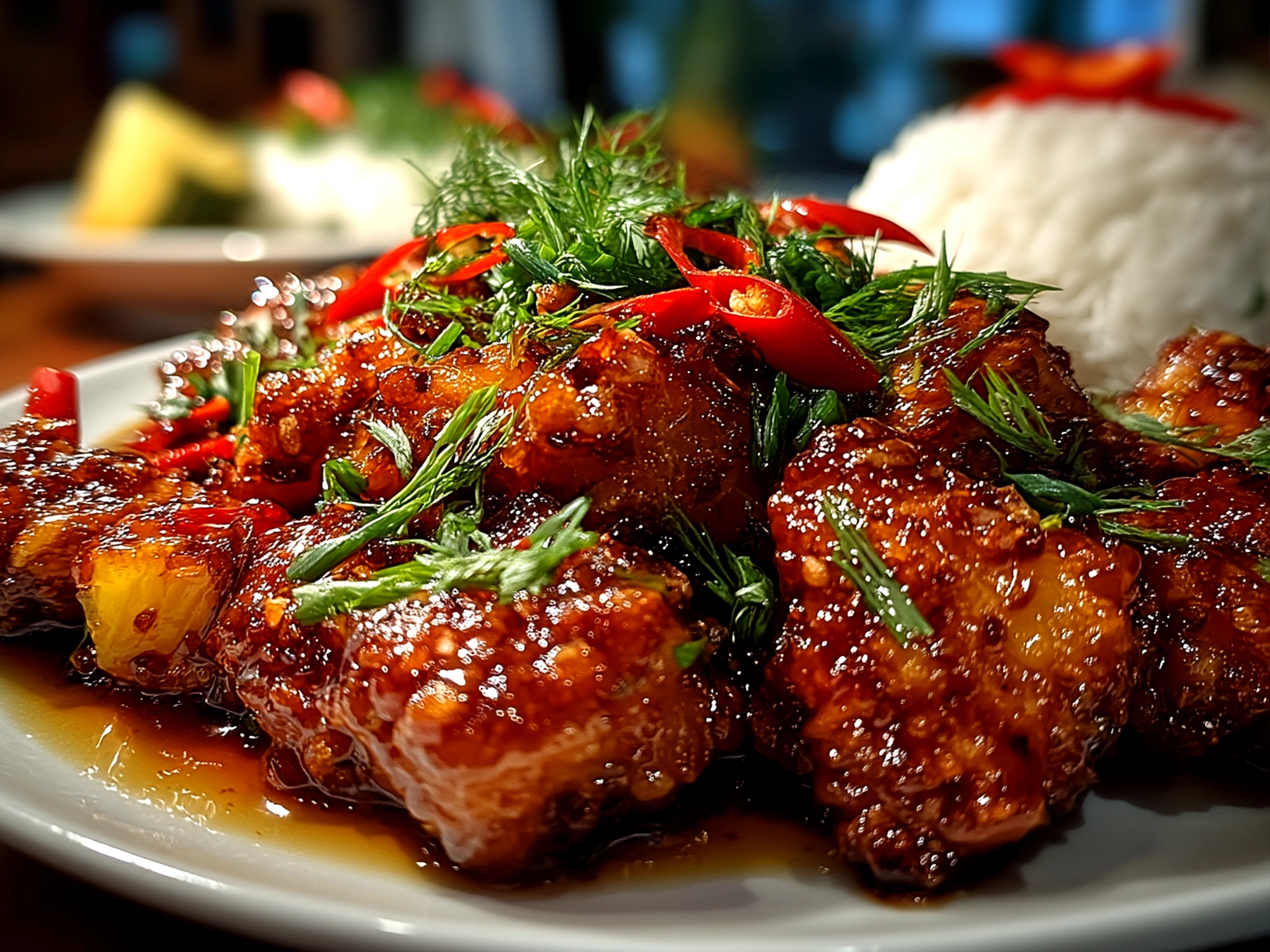Plated Pineapple Chicken garnished with green onions and sesame seeds, served with rice