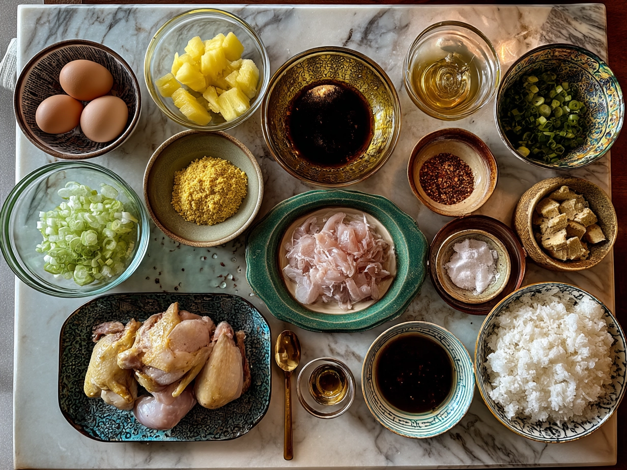 Ingredients for Pineapple Chicken including chicken thighs, canned pineapple chunks, soy sauce, and spices