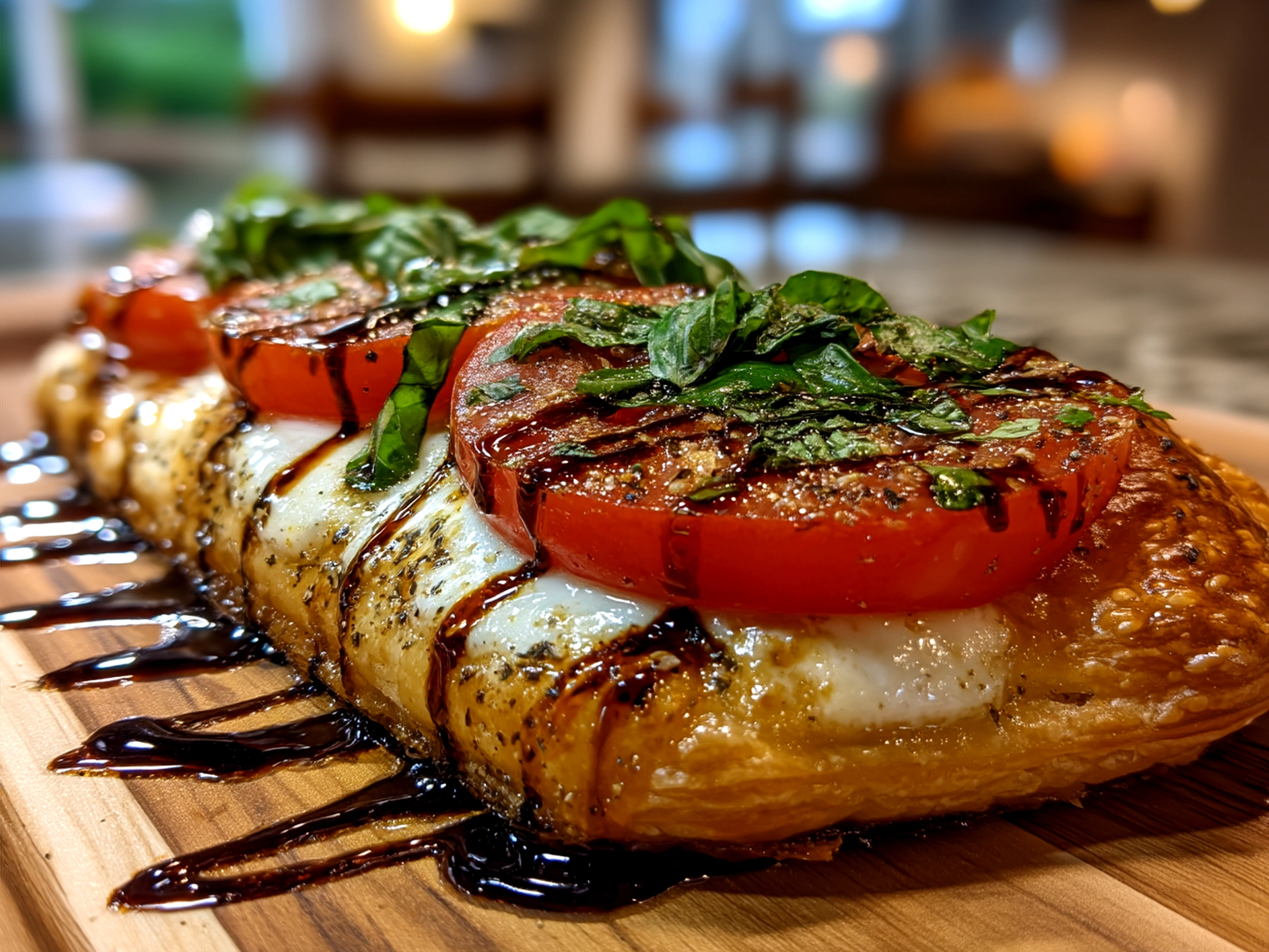 Serving suggestion for Puff Pastry Caprese with fresh basil and balsamic glaze