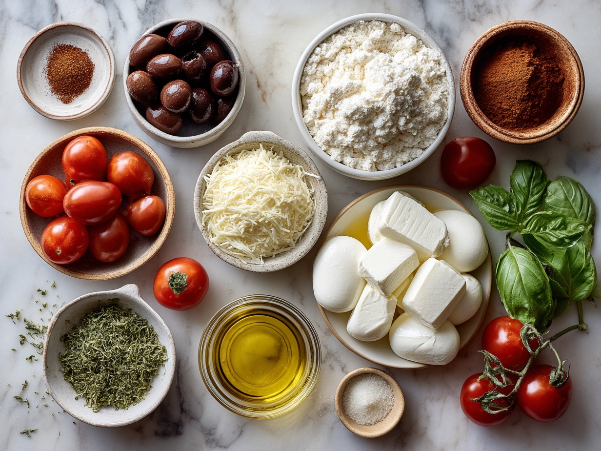 Ingredients for Puff Pastry Caprese including puff pastry, fresh mozzarella, tomatoes, basil, balsamic glaze, and olive oil