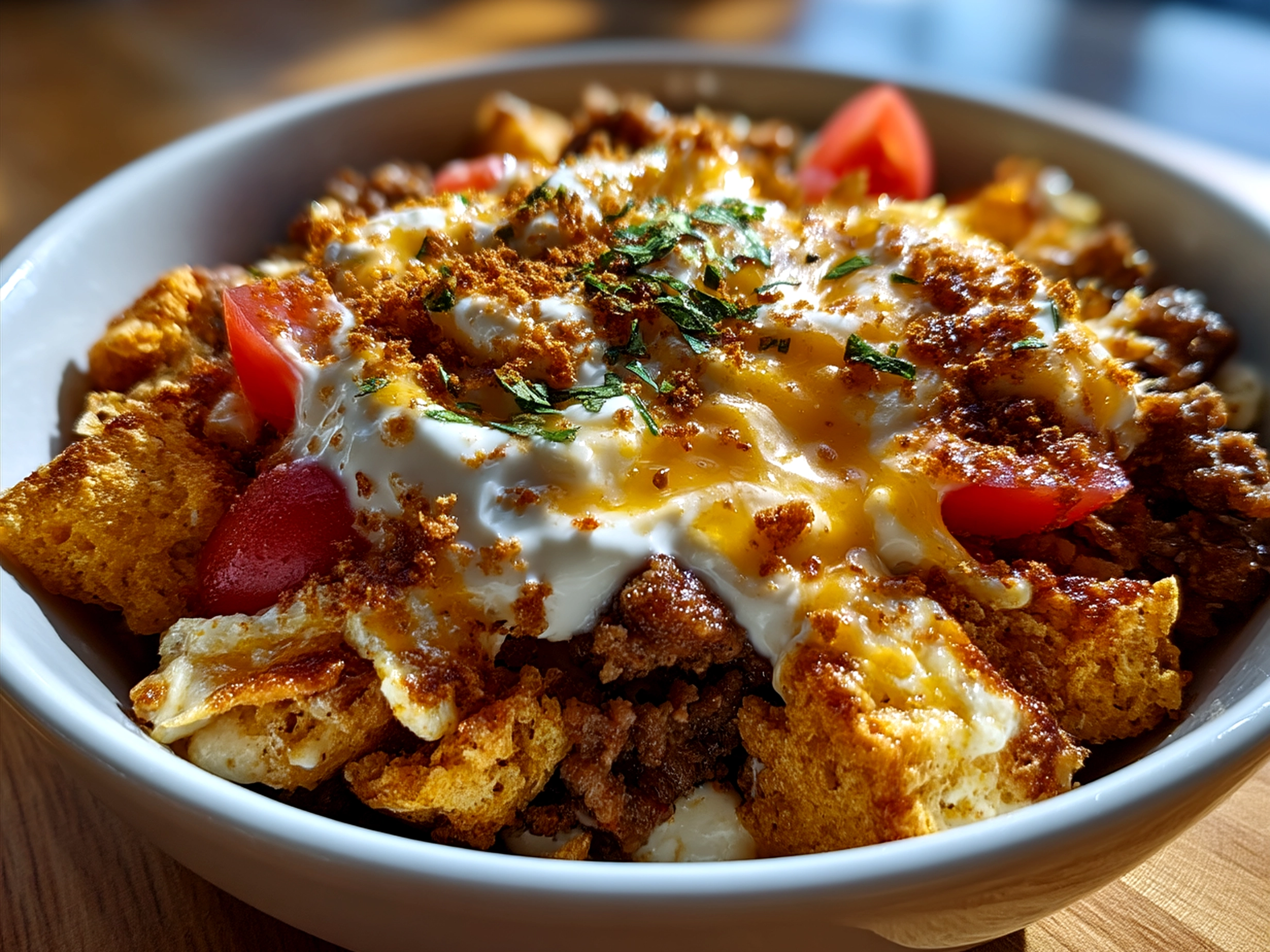 Assembled Ranch Taco Party Bowl with toppings and creamy ranch dressing