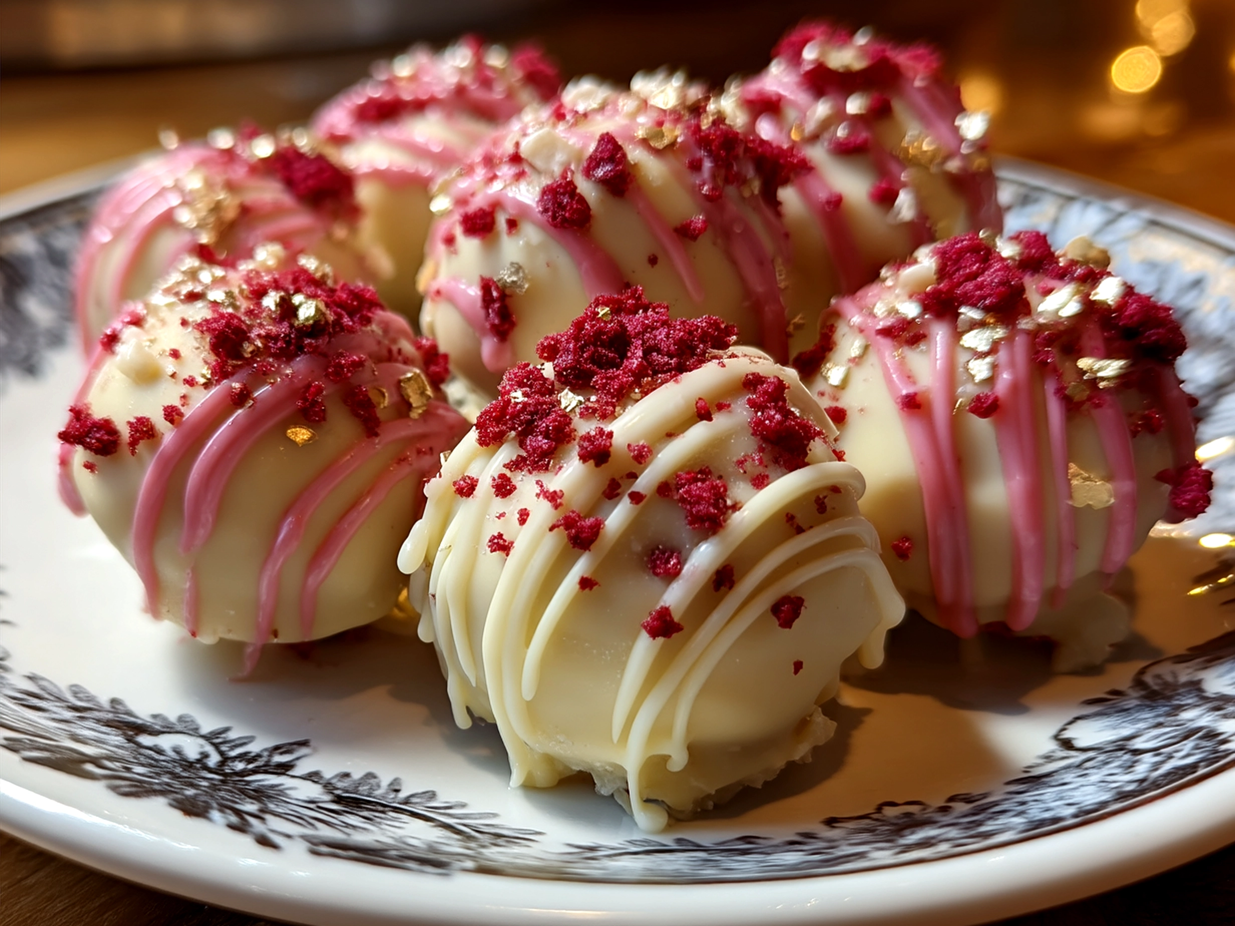 Finished Raspberry Cheesecake Truffles arranged on a serving plate