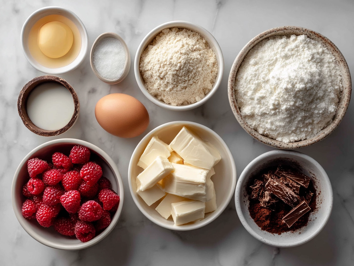 Ingredients for Raspberry Cheesecake Truffles displayed on a kitchen counter