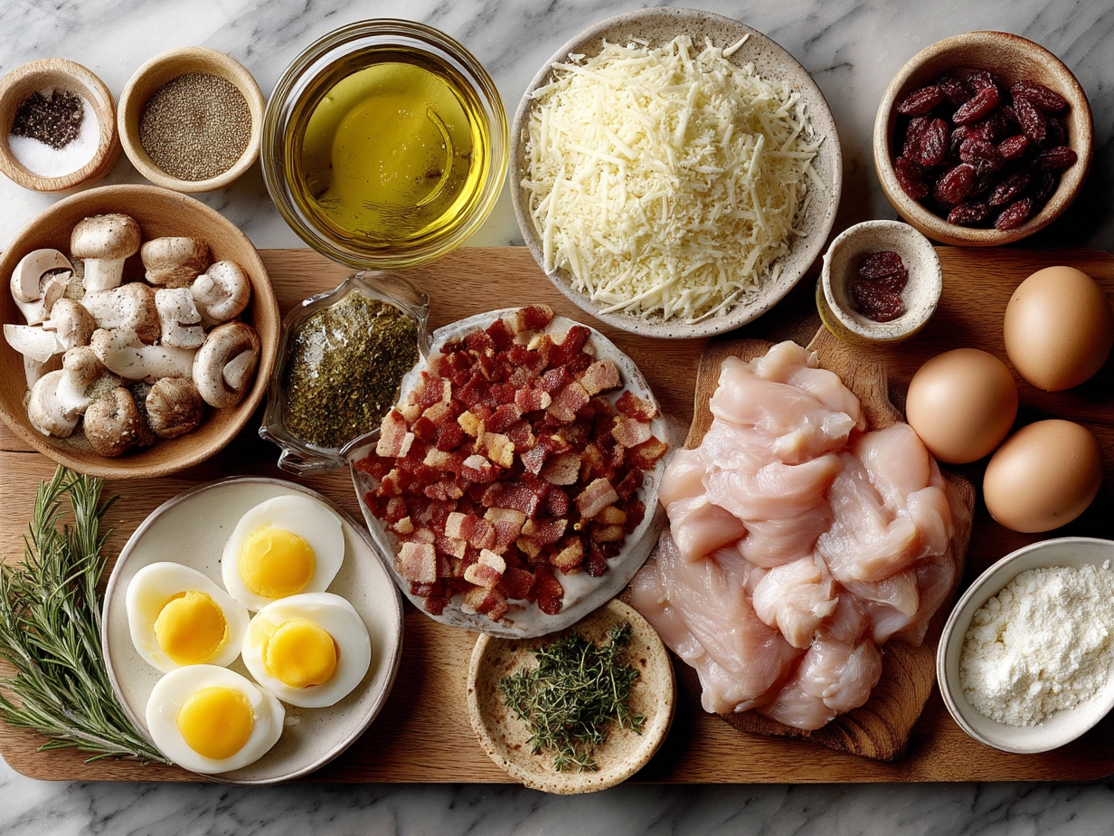 Raw ingredients for Chicken Bacon Wrap including chicken breasts, bacon, tortillas, cheddar cheese, and green onions