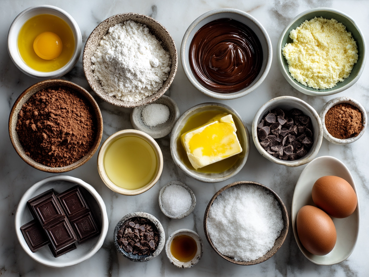 Raw ingredients for French Chocolate Flan arranged on marble surface