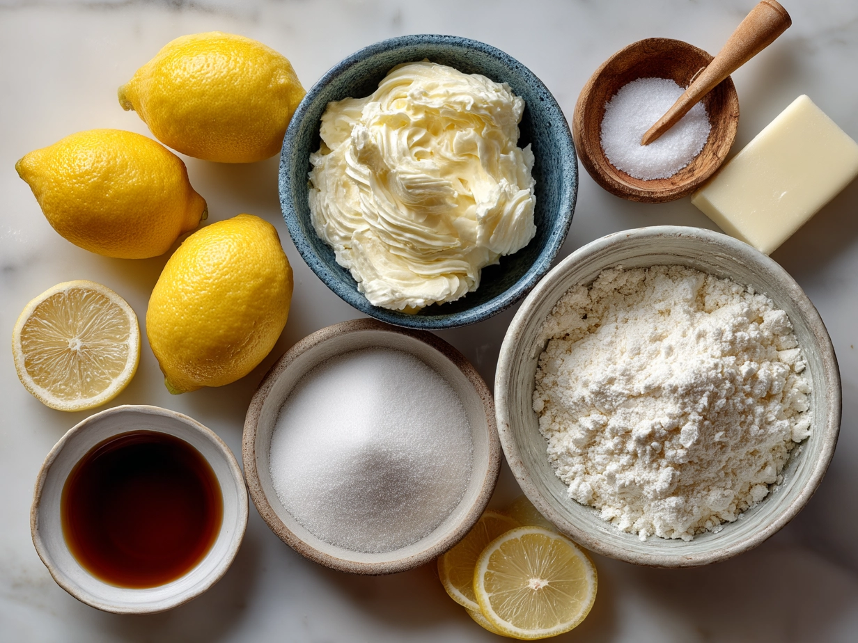 Raw ingredients for Limoncello Mascarpone Cake laid out on a kitchen counter