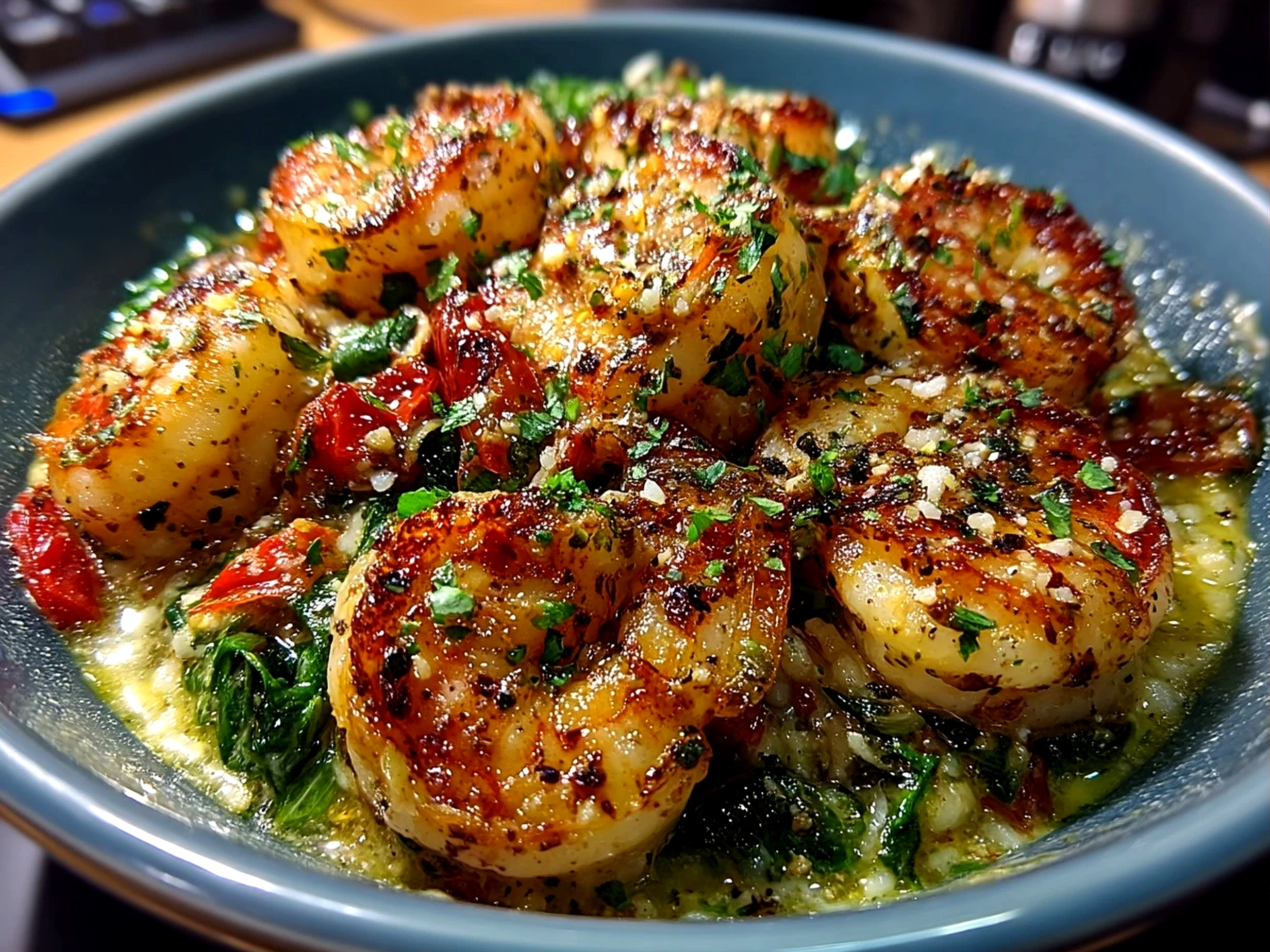 Final assembled Shrimp Scampi Nourish Bowl with shrimp, quinoa, cherry tomatoes and parsley served warm.