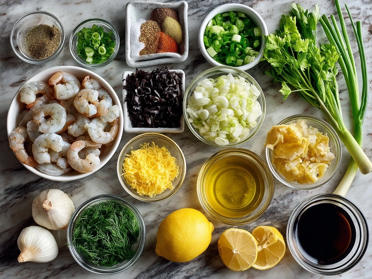 Ingredients for Shrimp Scampi Nourish Bowl including shrimp, butter, garlic, lemon, quinoa, cherry tomatoes, parsley, and seasoning.