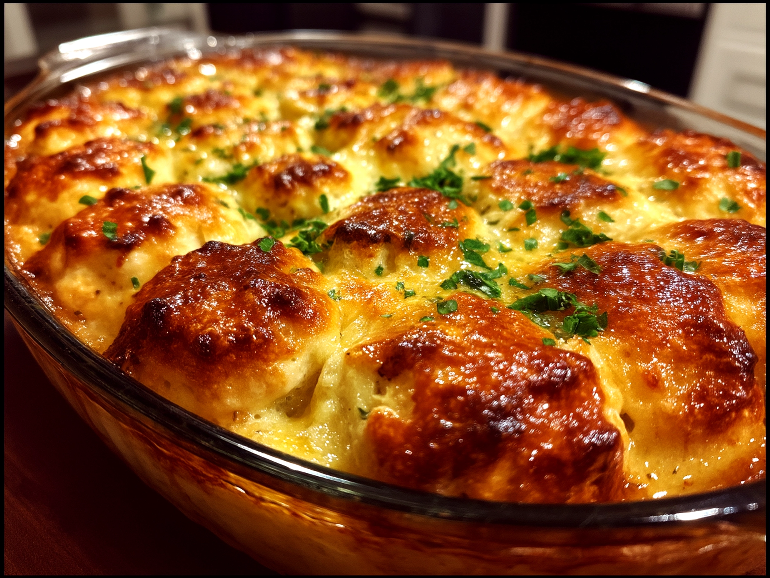 Finished Baked Cheesy Dumpling Casserole in baking dish with golden dumpling topping