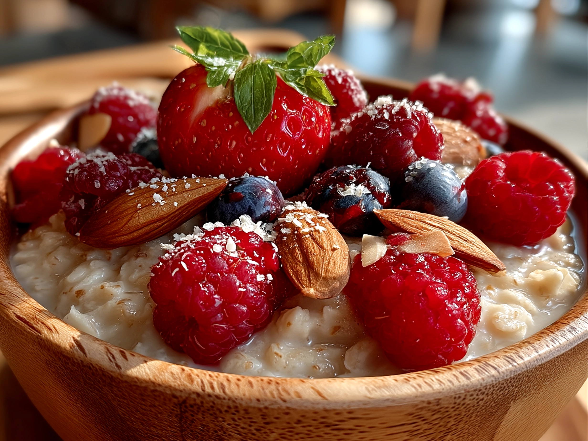 Slight angle close-up of a finished beautiful Valentines Oatmeal Bowl with colorful berries and nuts