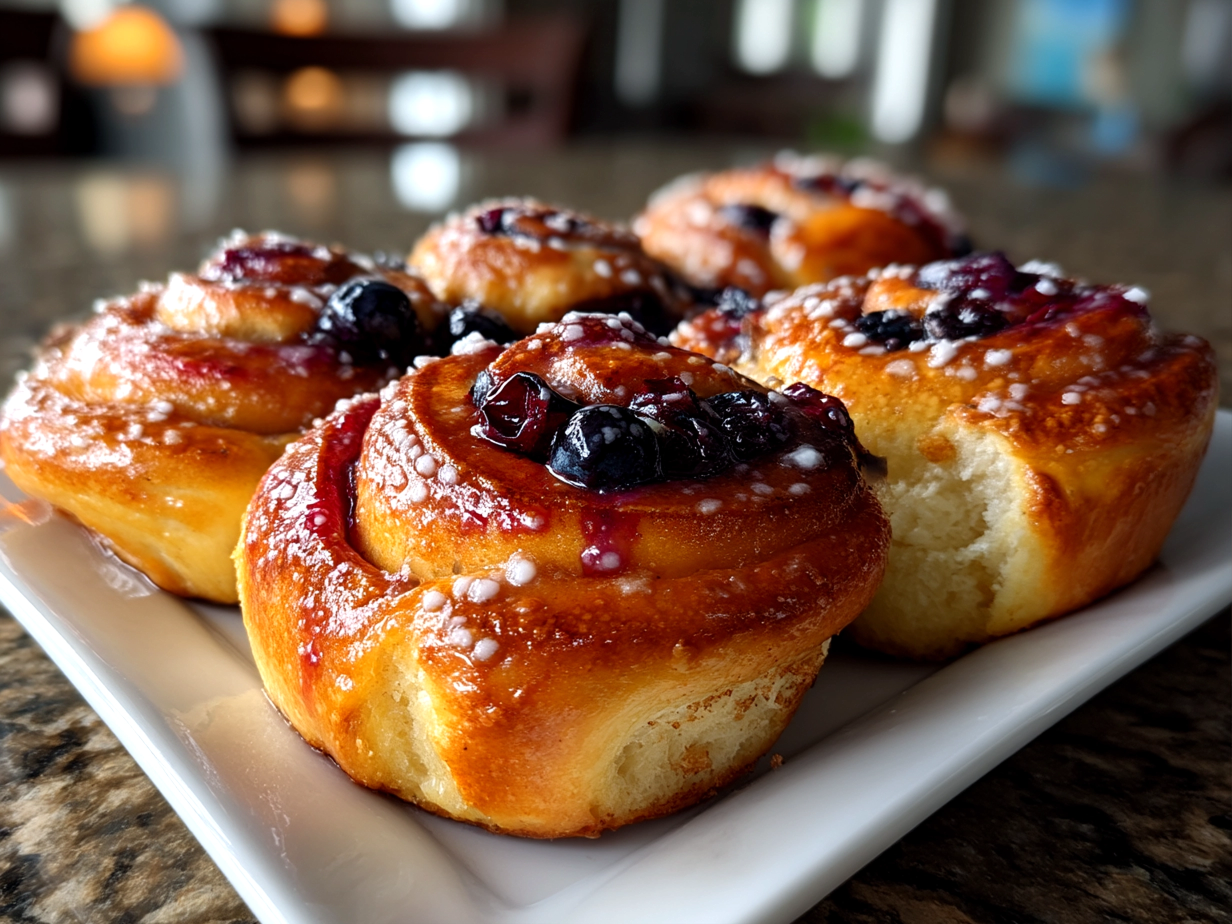 Slight angle close-up finished Blueberry Lemon Sourdough Sweet Rolls with glaze
