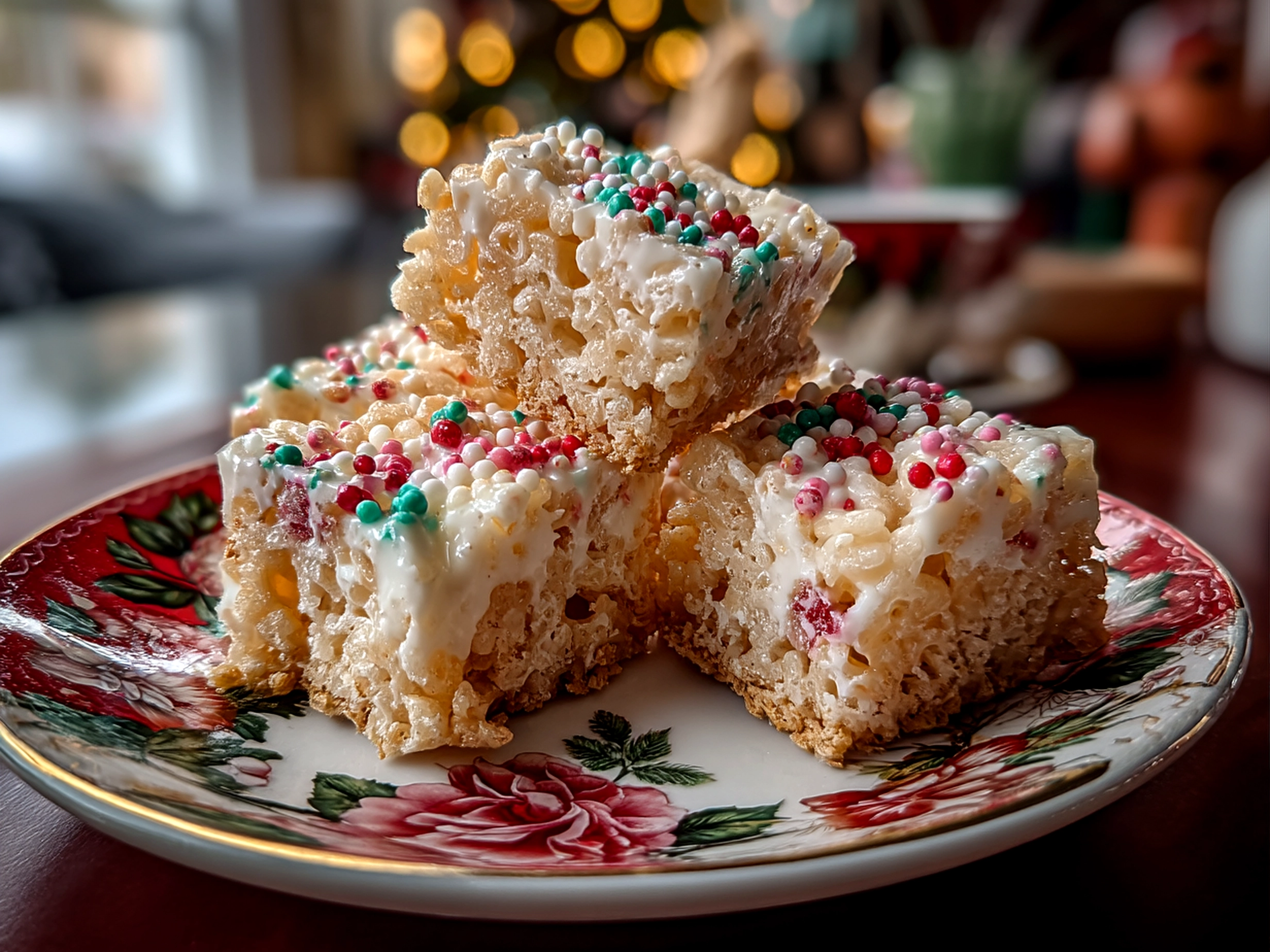 Slight angle close up of finished Christmas Rice Crispy Treats showing festive colors and texture
