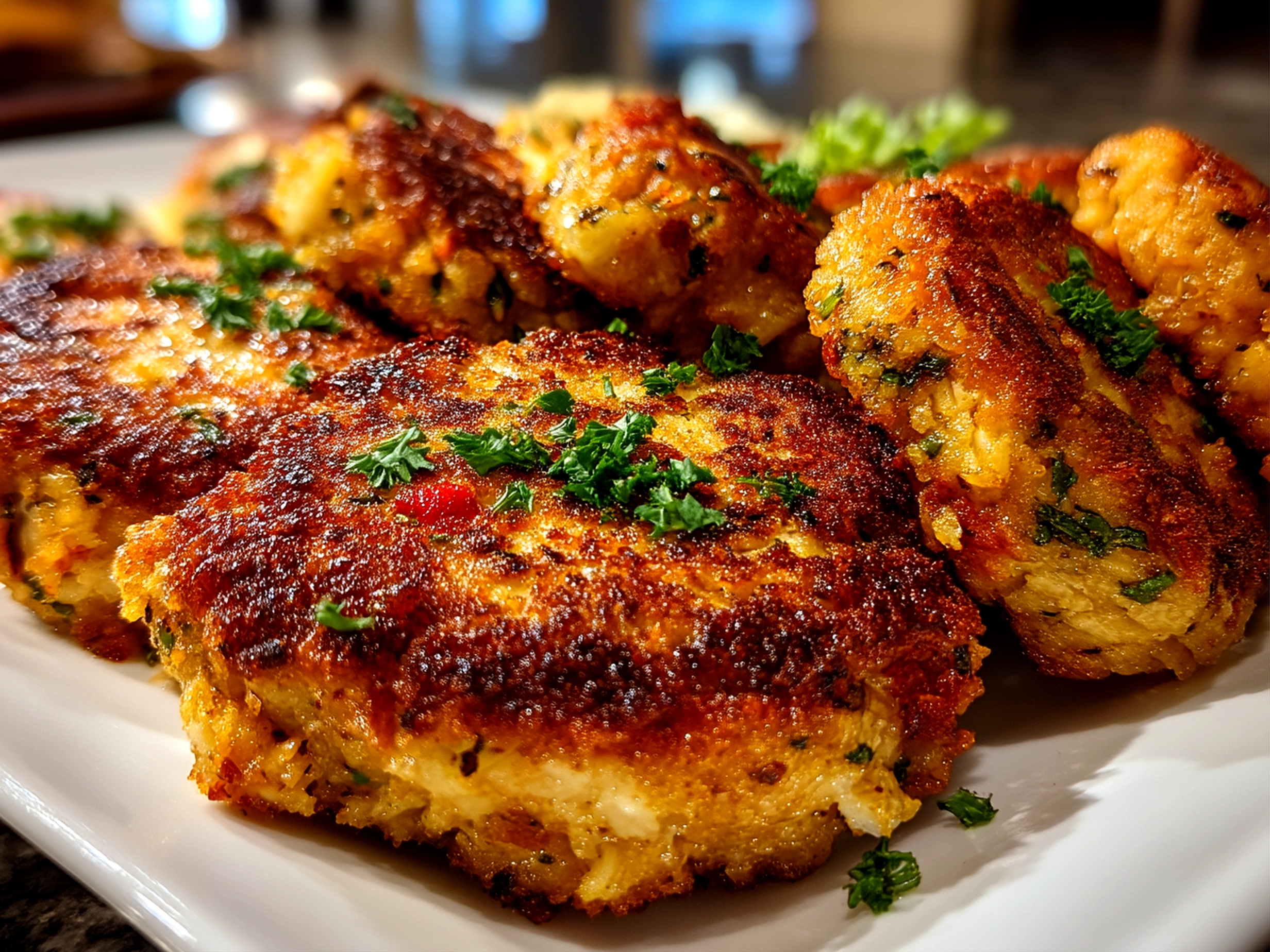 Close-up view of finished comforting salmon croquettes on a plate
