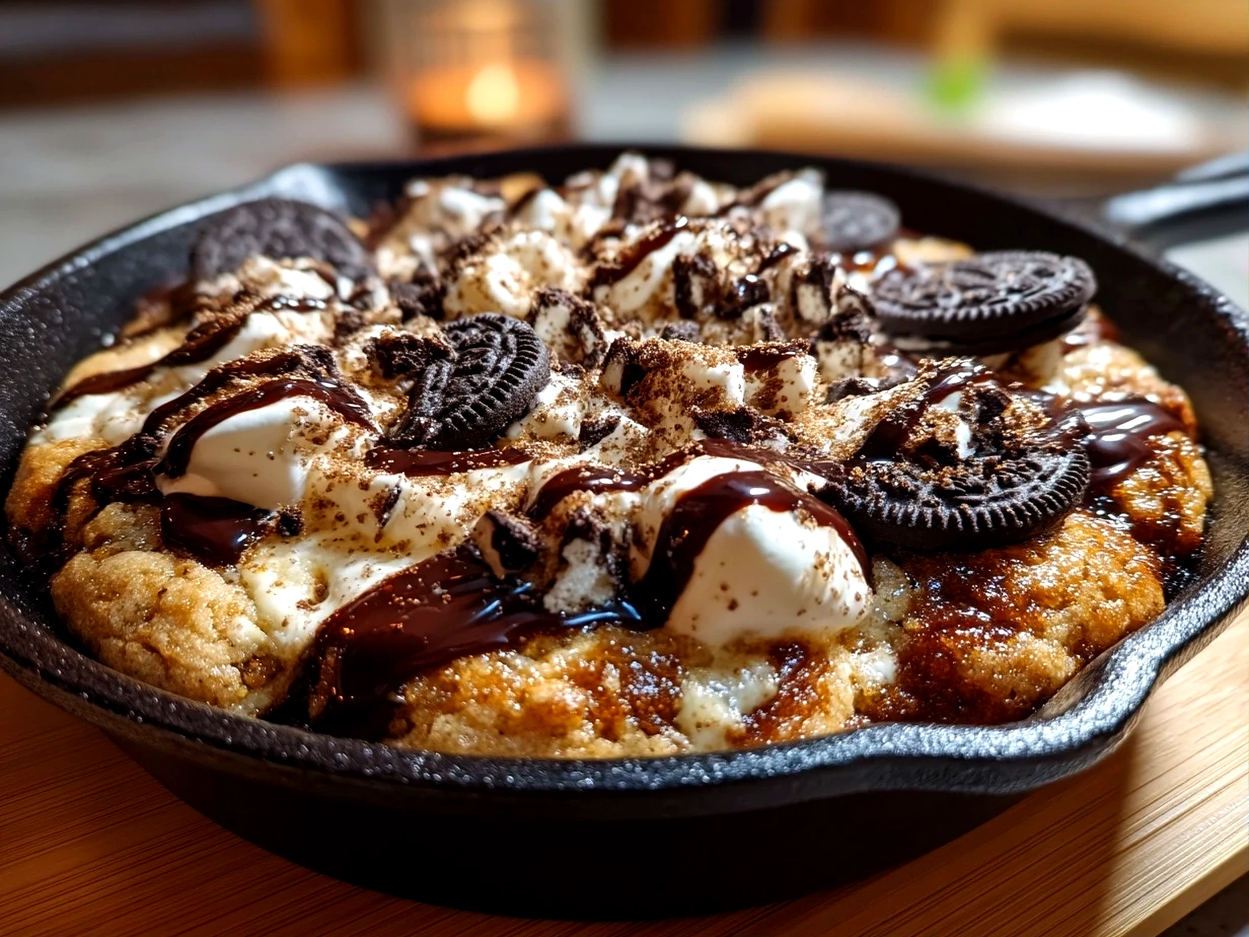 Slight angle close-up of finished Cookies Cream Skillet Cookie with golden edges and creamy center