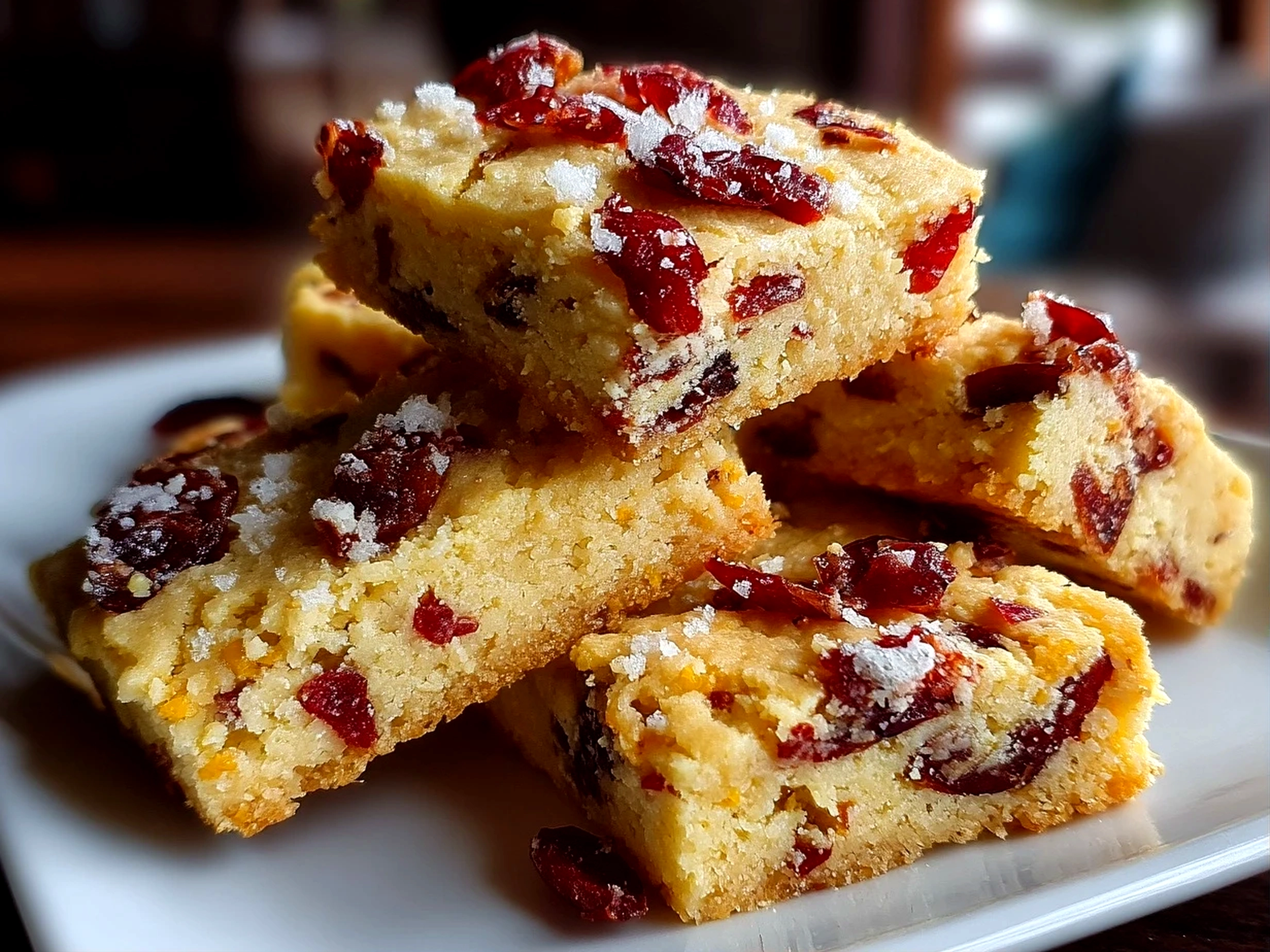 Slight angle close-up of finished homemade Keto Cranberry Orange Shortbread