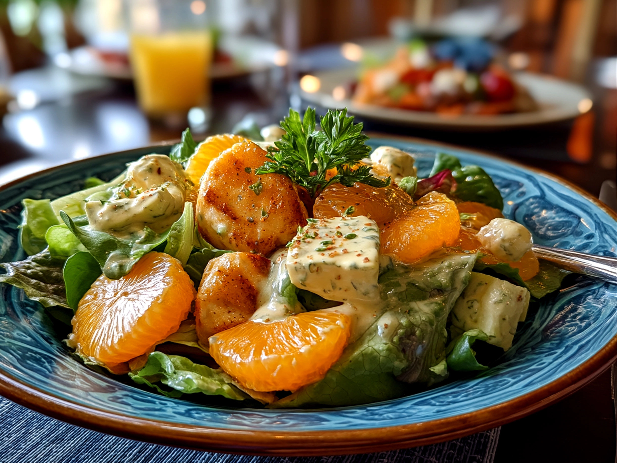 Slight angle close-up of finished Orange Dreamsicle Salad showing creamy and vibrant texture