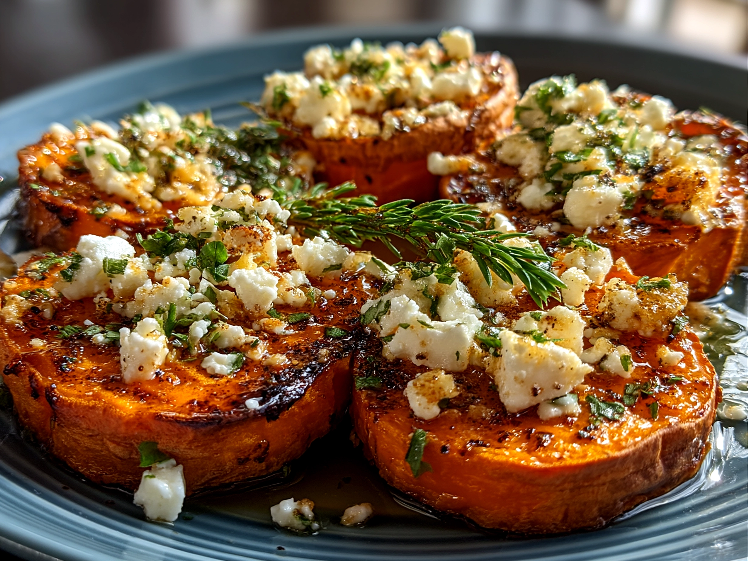 Close up of finished Sweet Potato Rounds with Honey Feta Crumble ready to serve