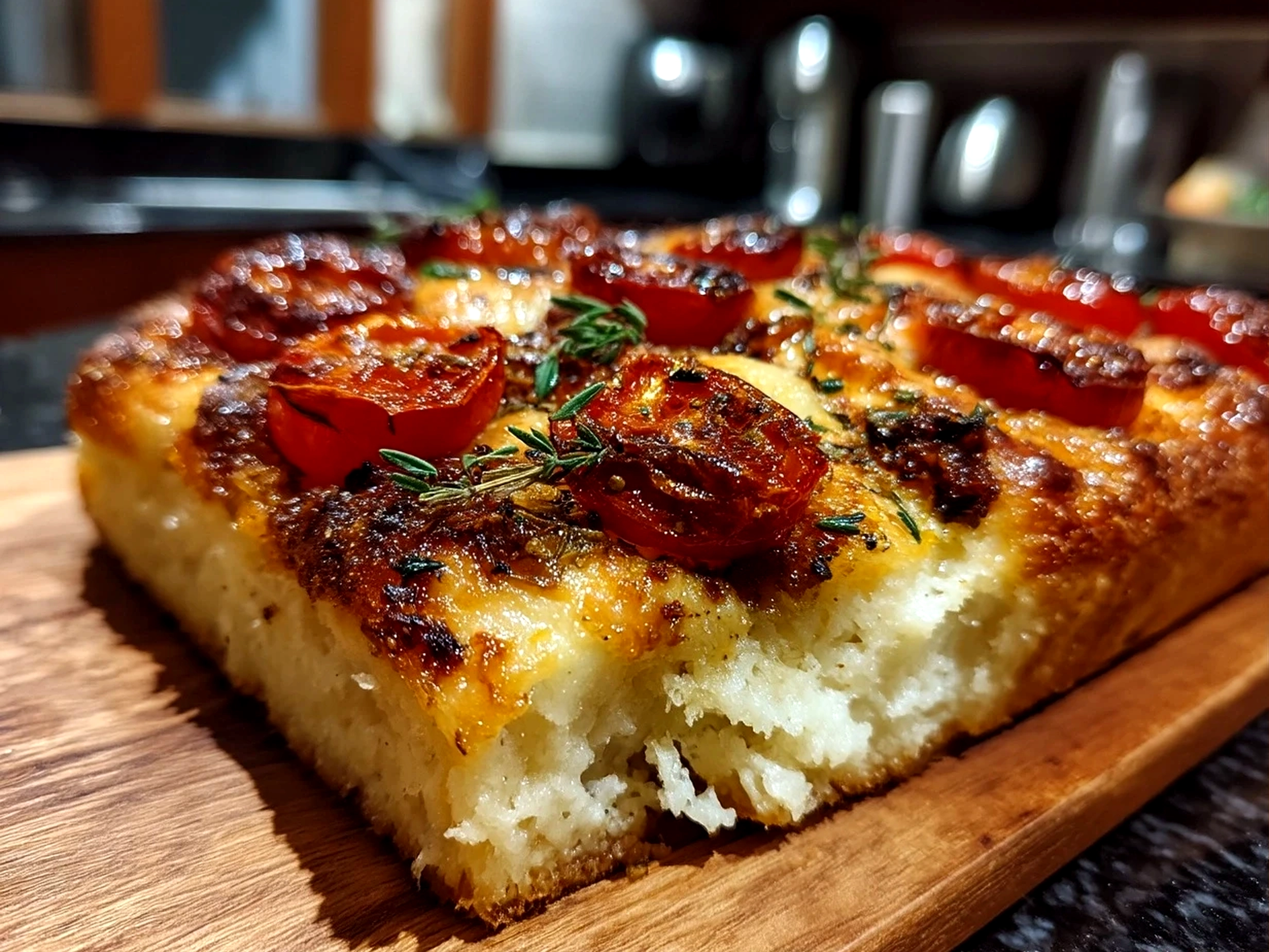 Slight angle close up of finished sourdough discard focaccia pizza with toppings
