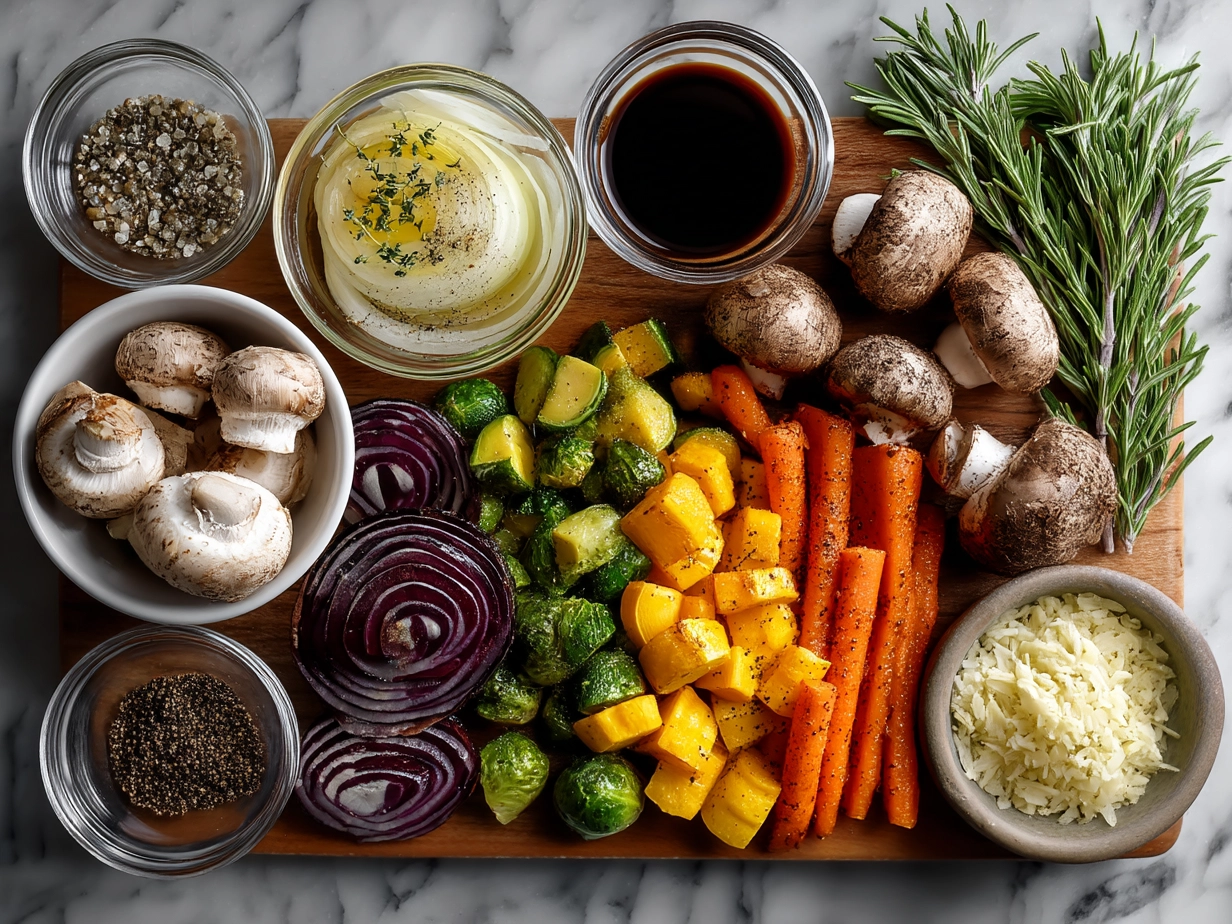Ingredients for Slow Cooker Roasted Fall Vegetables laid out on kitchen counter