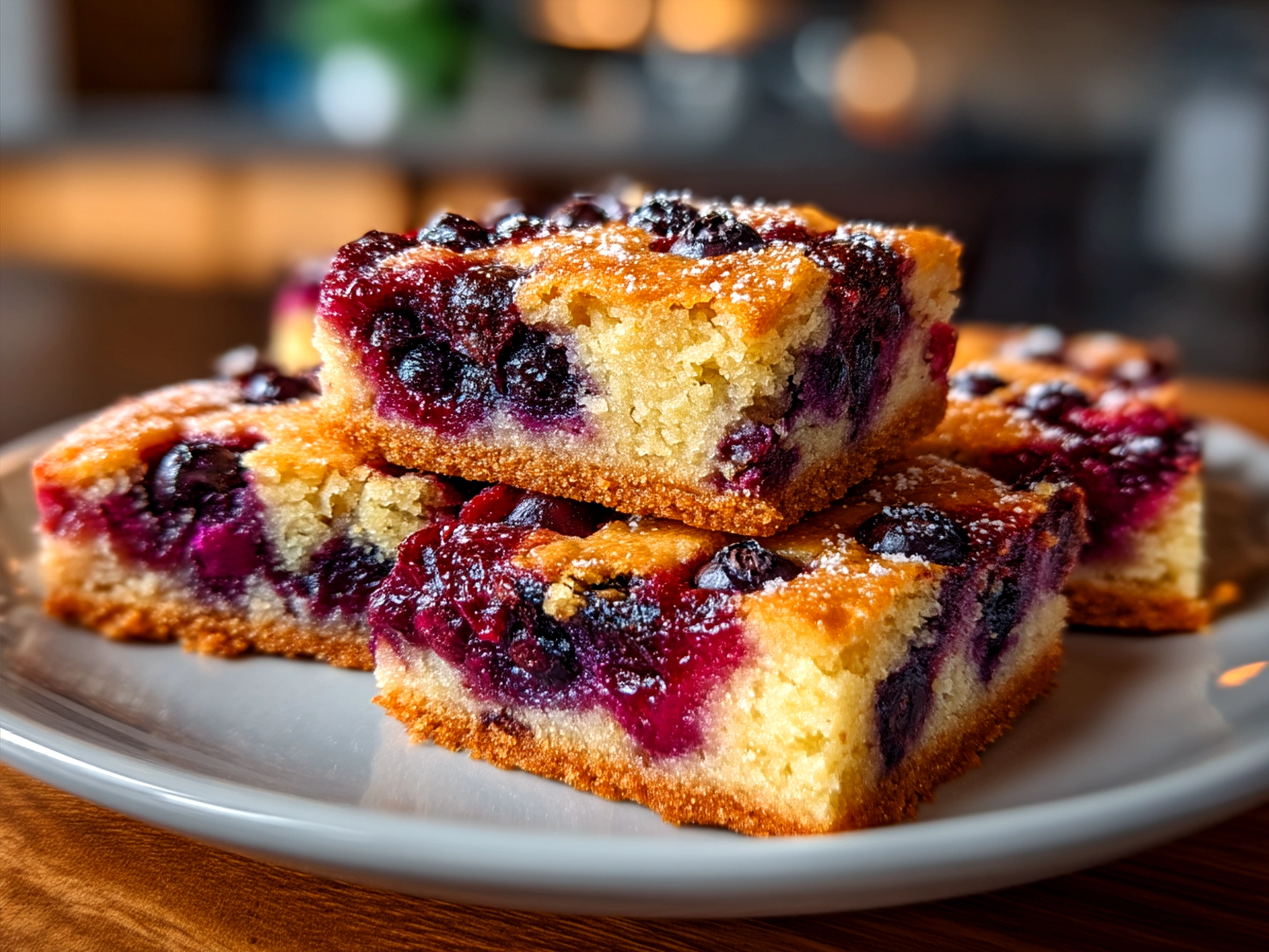 Sourdough Blueberry Breakfast Bars served on a plate with coffee and nuts