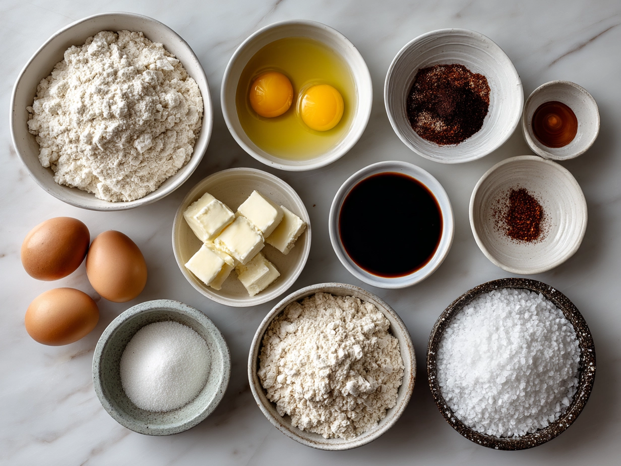 Ingredients laid out for Sourdough Discard Kolaches including flour, eggs, butter, sugar, milk, and fillings