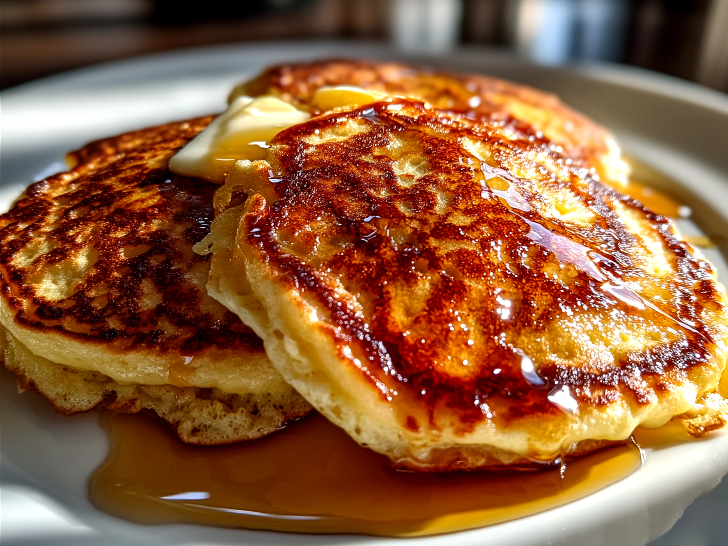 A stack of golden sourdough discard pancakes served with fruit and syrup