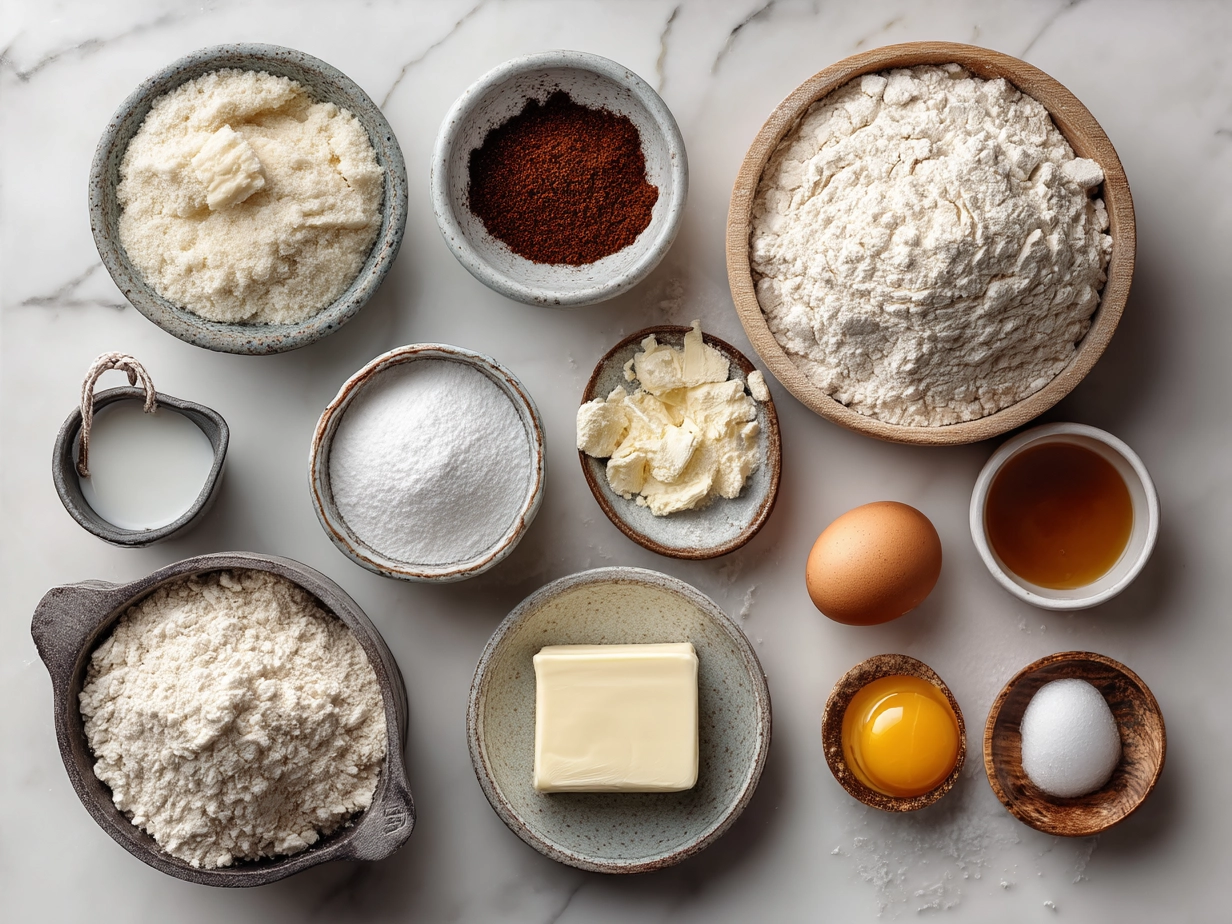 Ingredients arranged for sourdough discard pancakes recipe