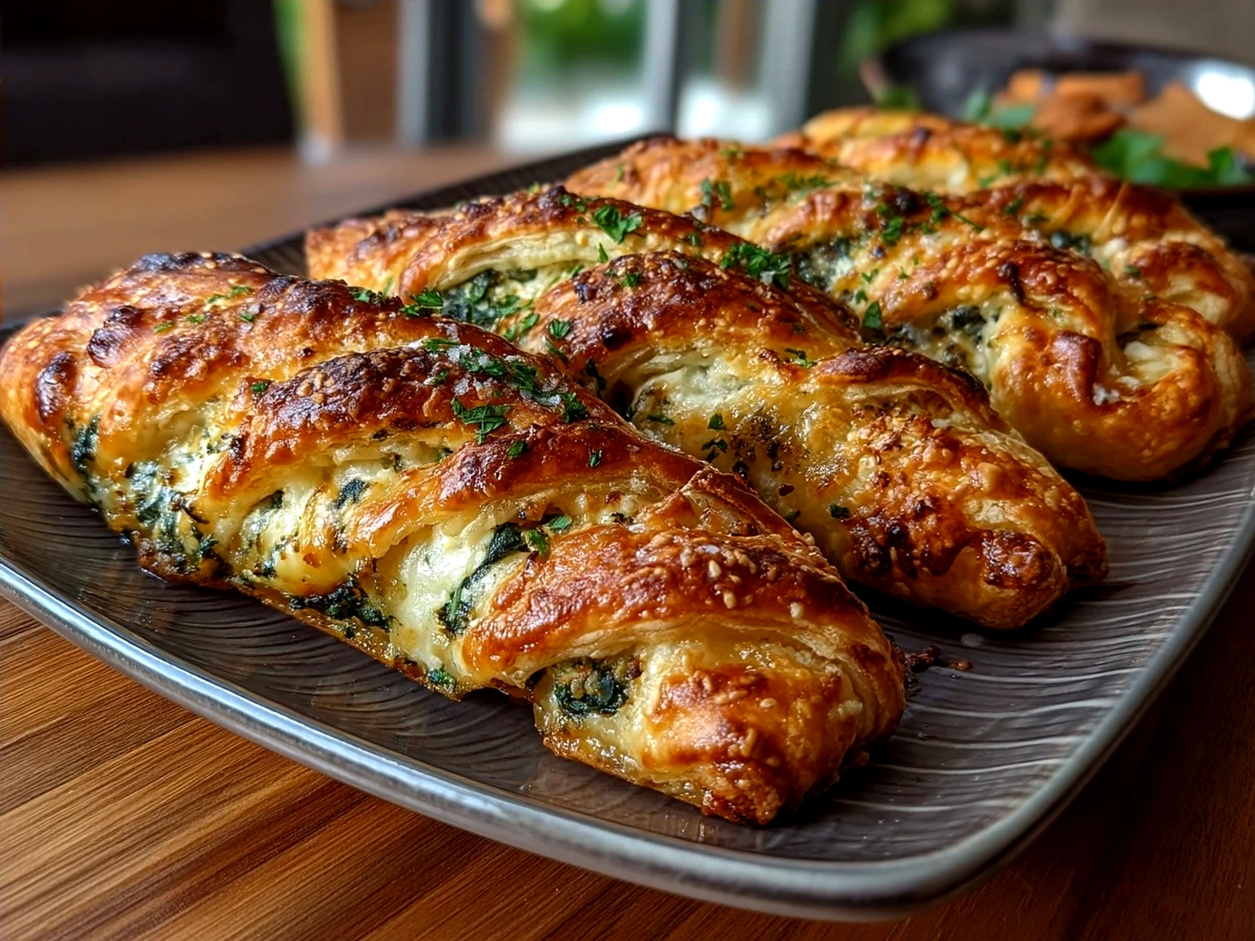 Serving Spinach and Feta Puff Pastry Twists on a plate ready to eat