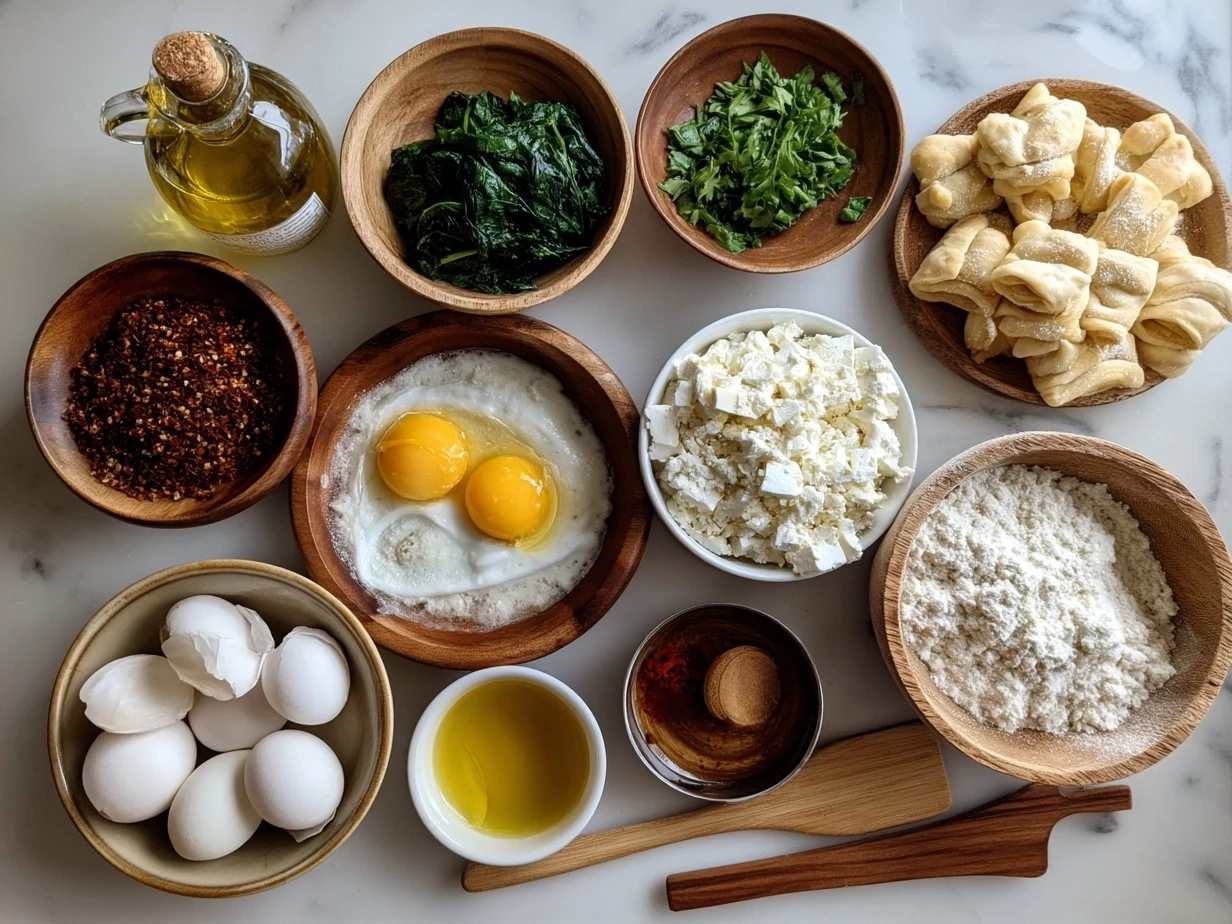 Ingredients for Spinach and Feta Puff Pastry Twists, including puff pastry, spinach, feta, garlic, olive oil, and egg