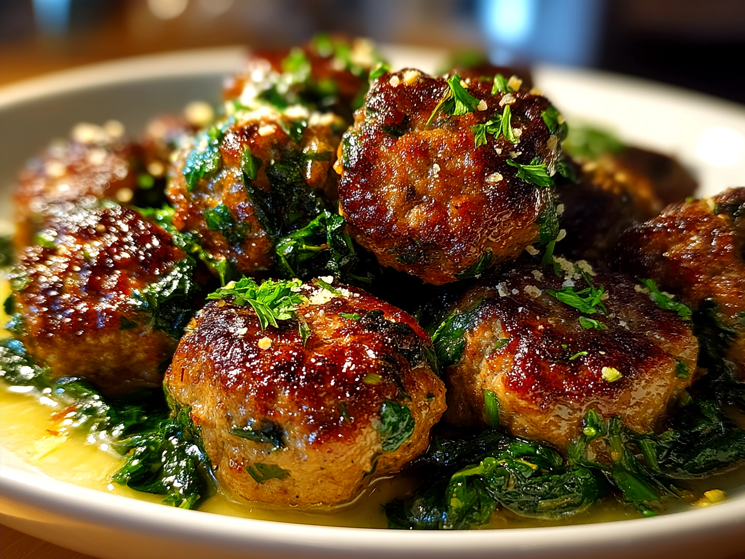 Served Spinach Garlic Meatballs with sides