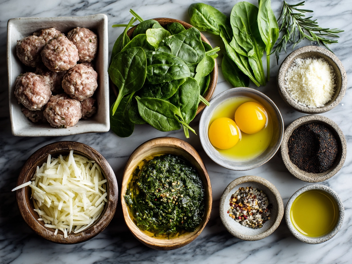 Ingredients for Spinach Garlic Meatballs including ground turkey, spinach, garlic, Parmesan, breadcrumbs, and seasonings