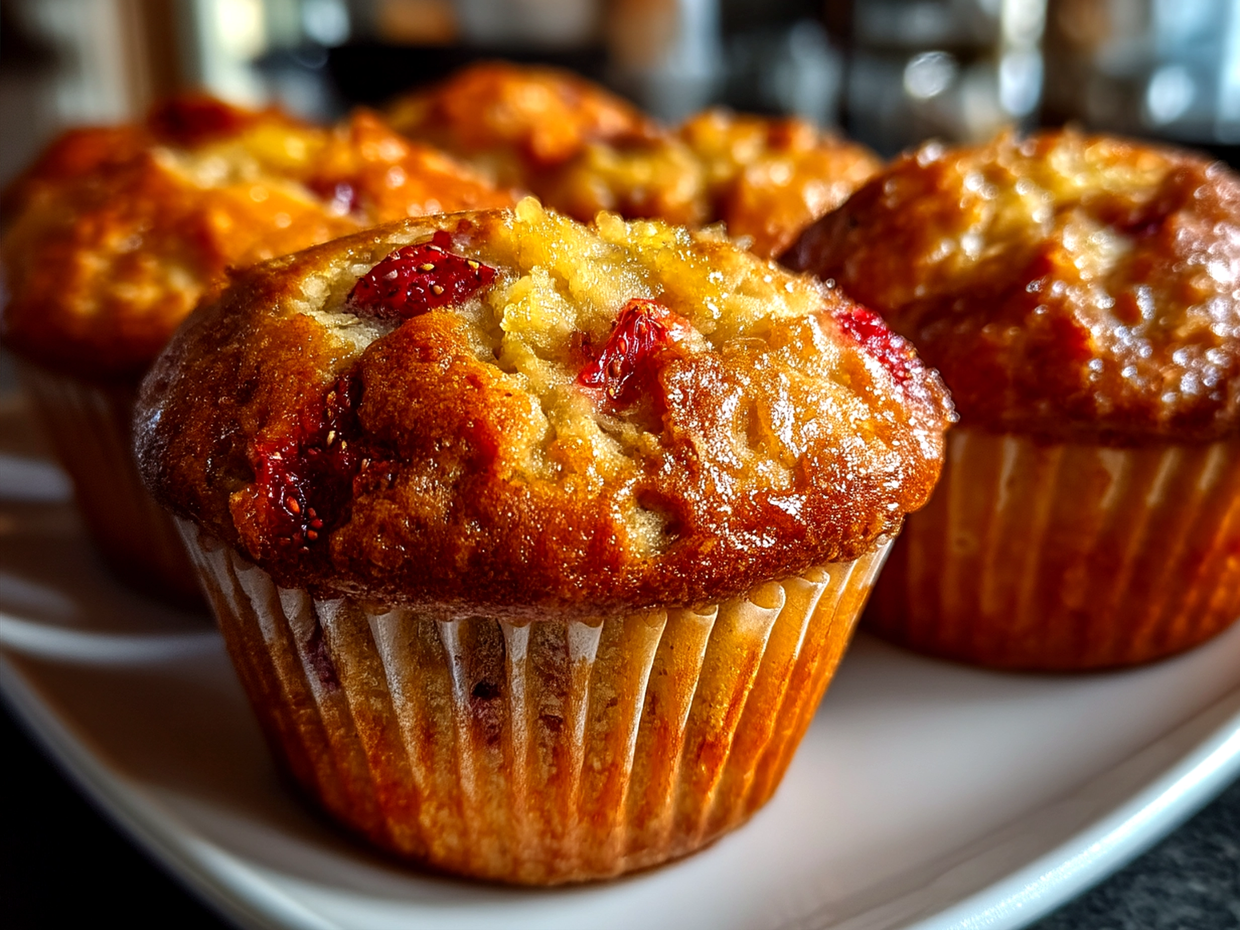 Freshly baked Strawberry Banana Muffins served with sliced fruit
