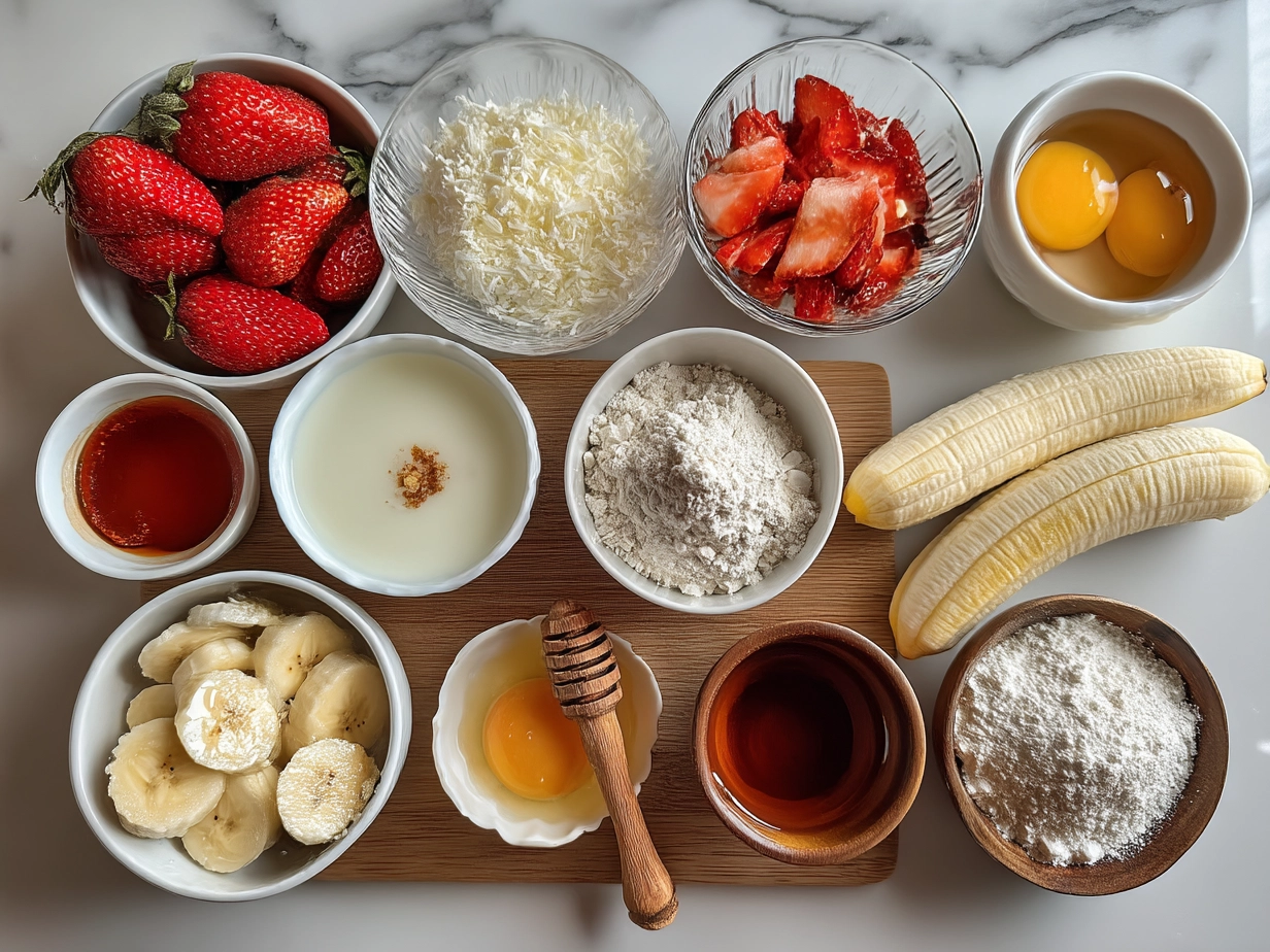 Ingredients for Strawberry Banana Muffins laid out