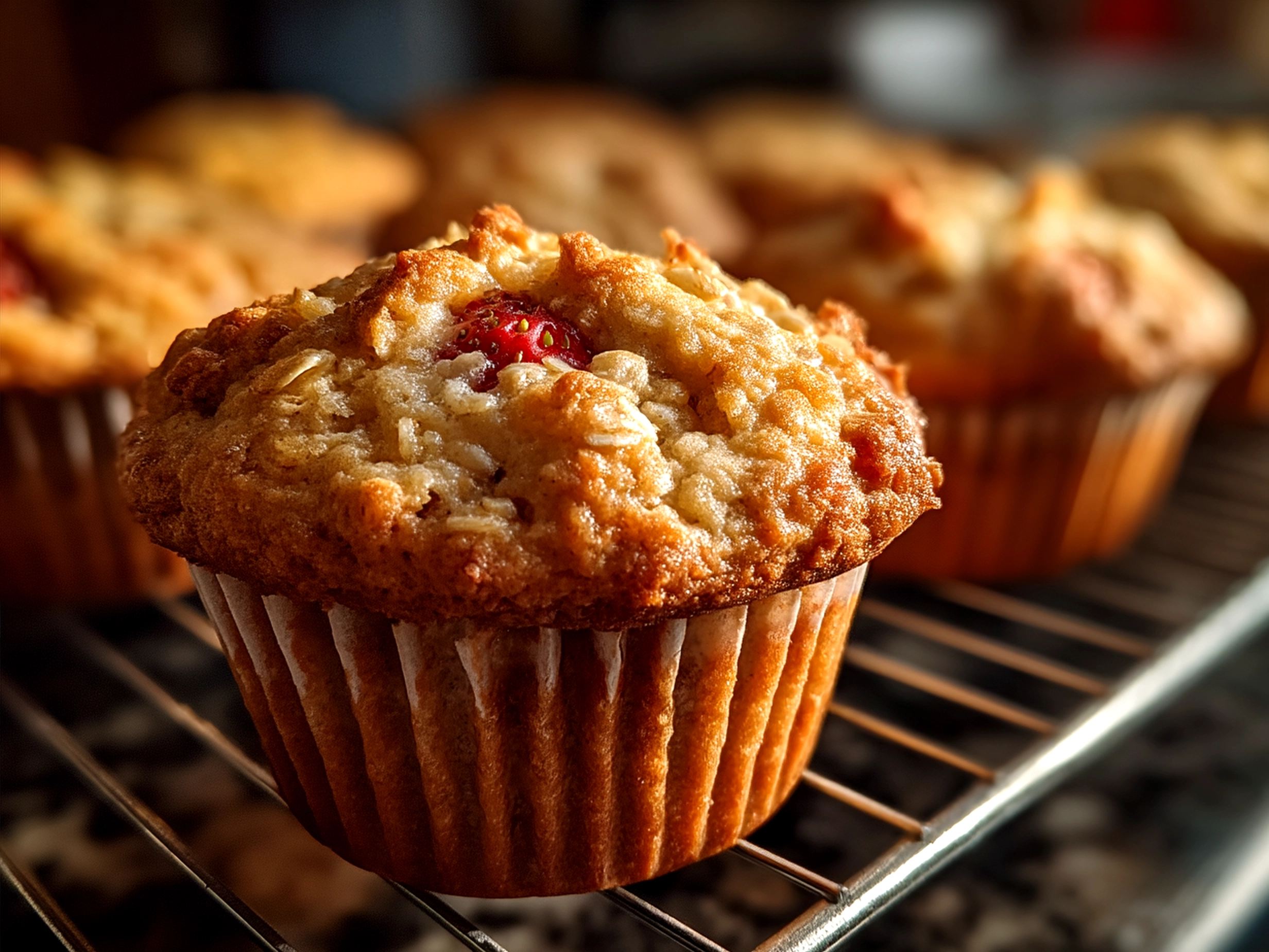Freshly baked Strawberry Oatmeal Muffins arranged nicely on a platter