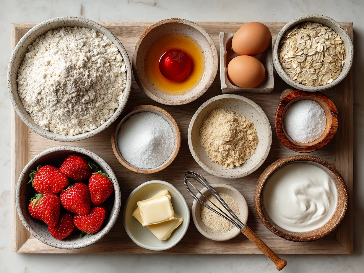 Ingredients for Strawberry Oatmeal Muffins laid out on a kitchen counter