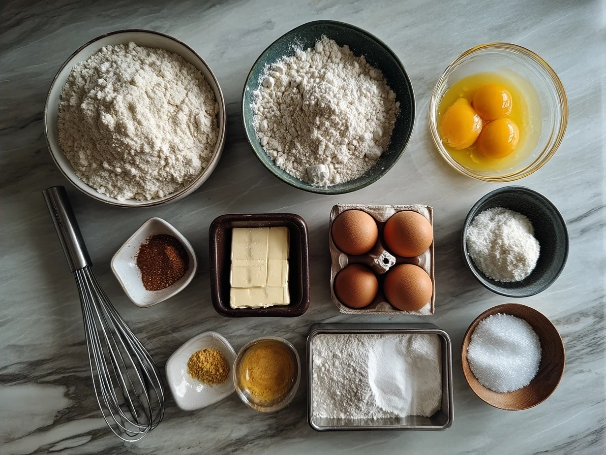 Ingredients for Strawberry Sugar Cookies laid out on a kitchen counter