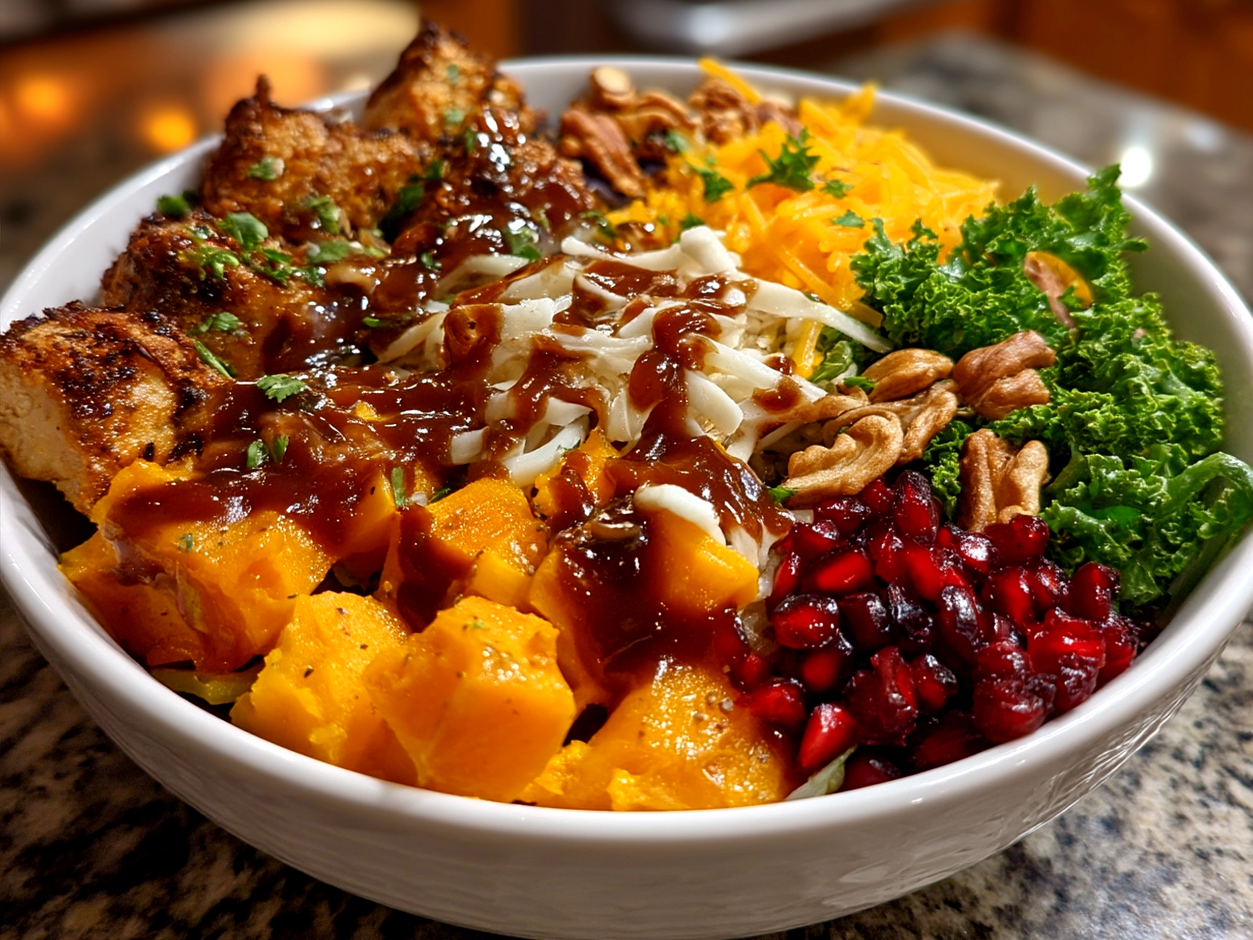 Served Superbowl Food Nourish Bowl with chicken, quinoa, avocado, and veggies in a bowl ready to eat