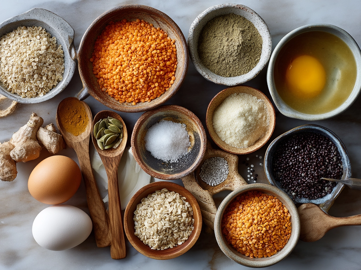 Ingredients for Thai Coconut Red Lentil Soup laid out on a kitchen counter
