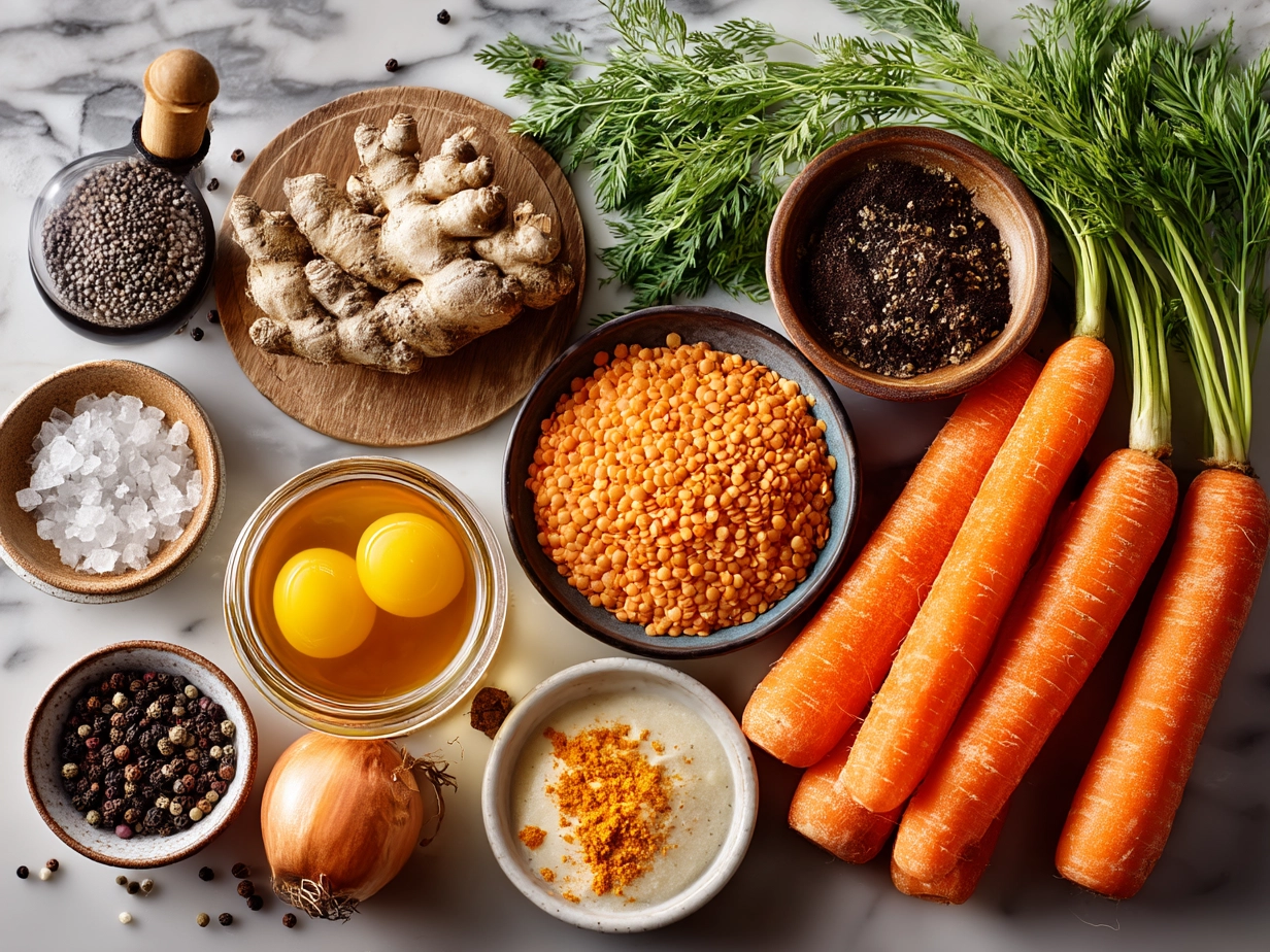 Top-down view of ingredients for Carrot and Lentil Soup including lentils, carrots, onion, garlic, and spices