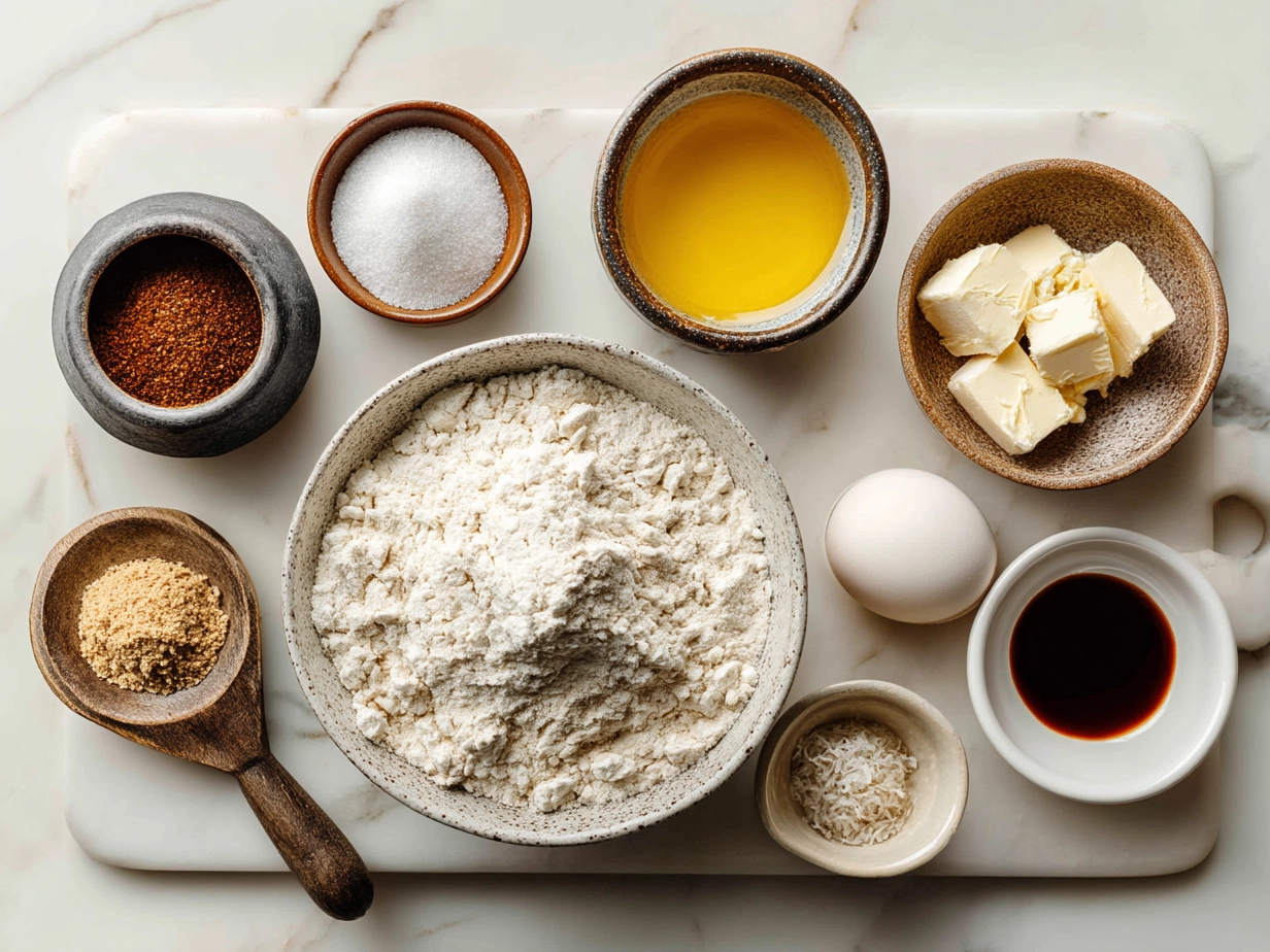 Top-down view of ingredients for homemade bread including flour, yeast, salt, olive oil and water