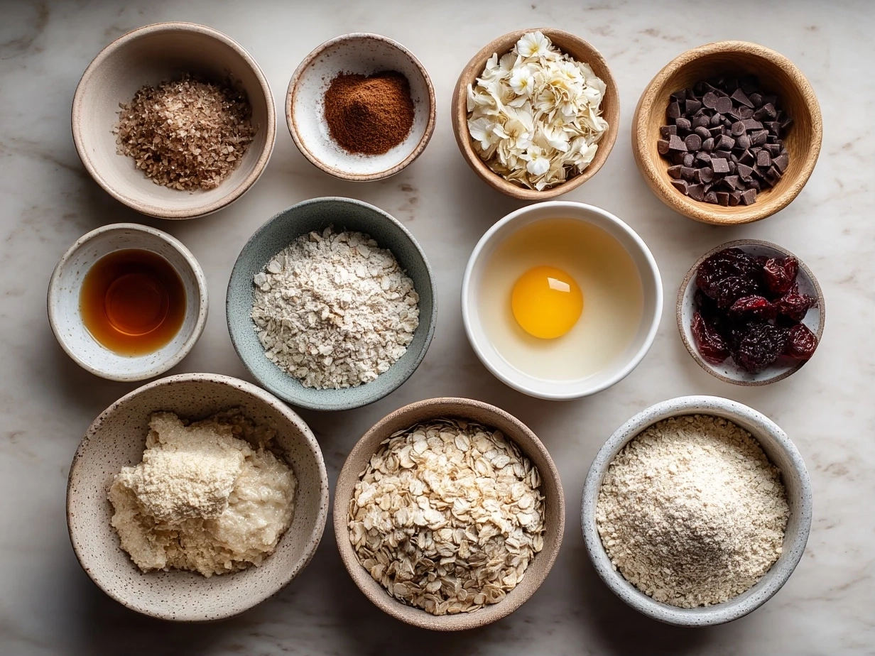 Top down view of ingredients for Valentine Cookies Oatmeal Bowl including oats, cinnamon, berries, and cookie dough