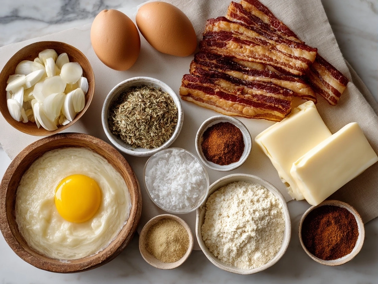 Top-down view of raw ingredients for Bacon Wrapped Grilled Cheese Fingers on marble kitchen surface, organized mise en place