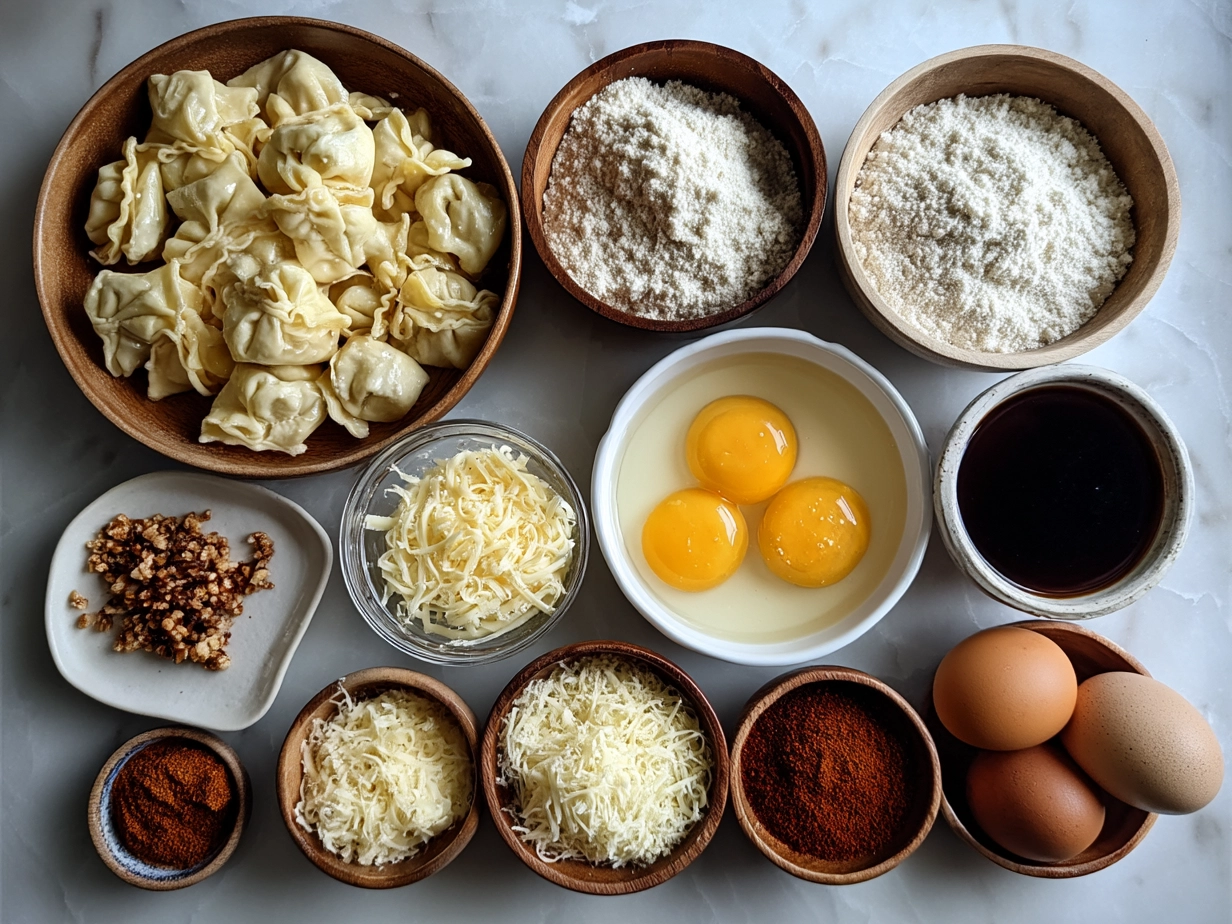 Raw ingredients for Baked Cheesy Dumpling Casserole arranged on marble counter including flour, cheese, milk, chicken, and green onions