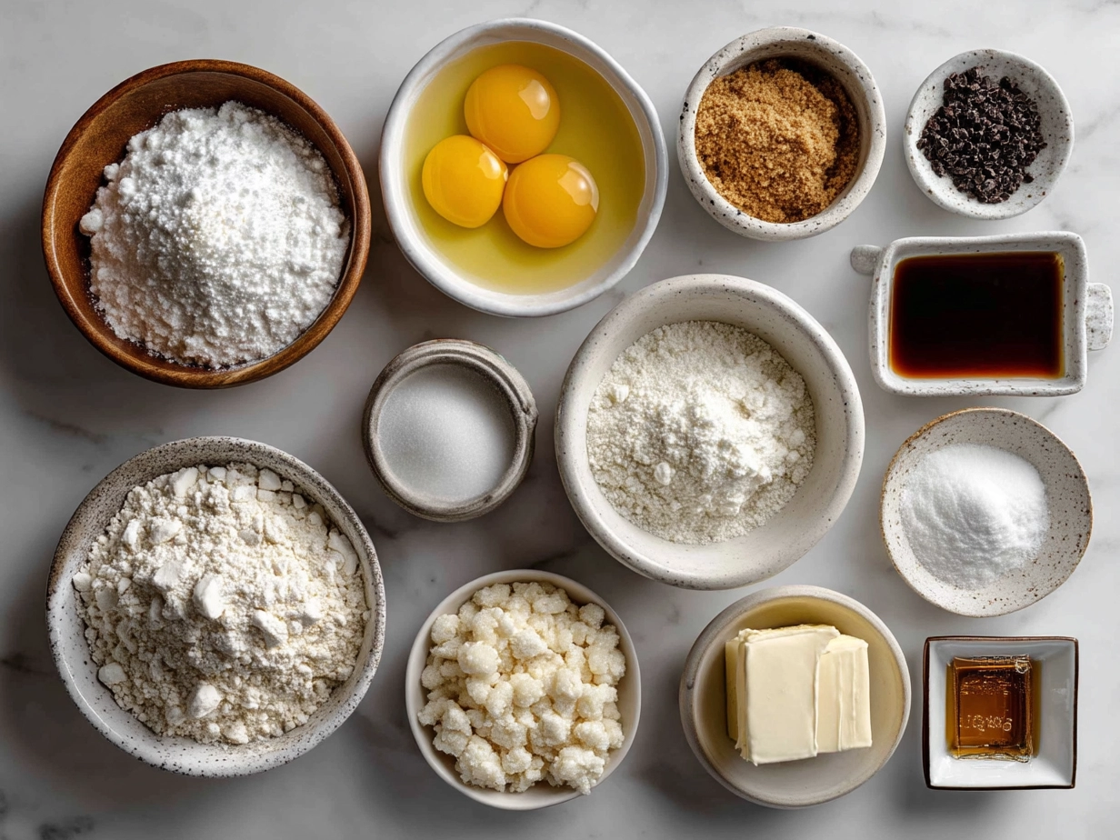 Top-down view of raw ingredients for basketball sugar cookies arranged neatly on marble counter, showcasing modern kitchen mise en place