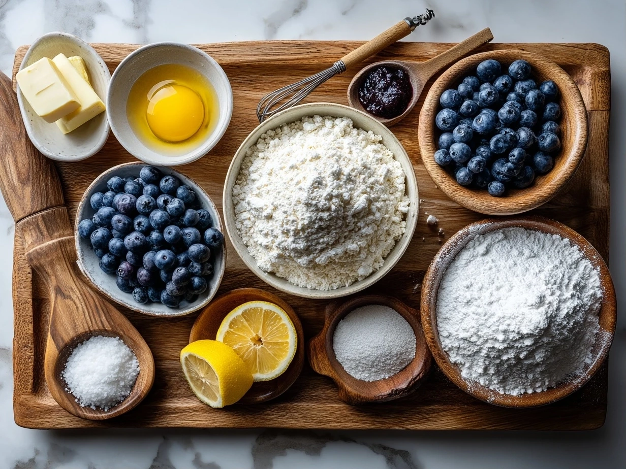 Top down raw ingredients for Blueberry Lemon Sourdough Sweet Rolls on marble